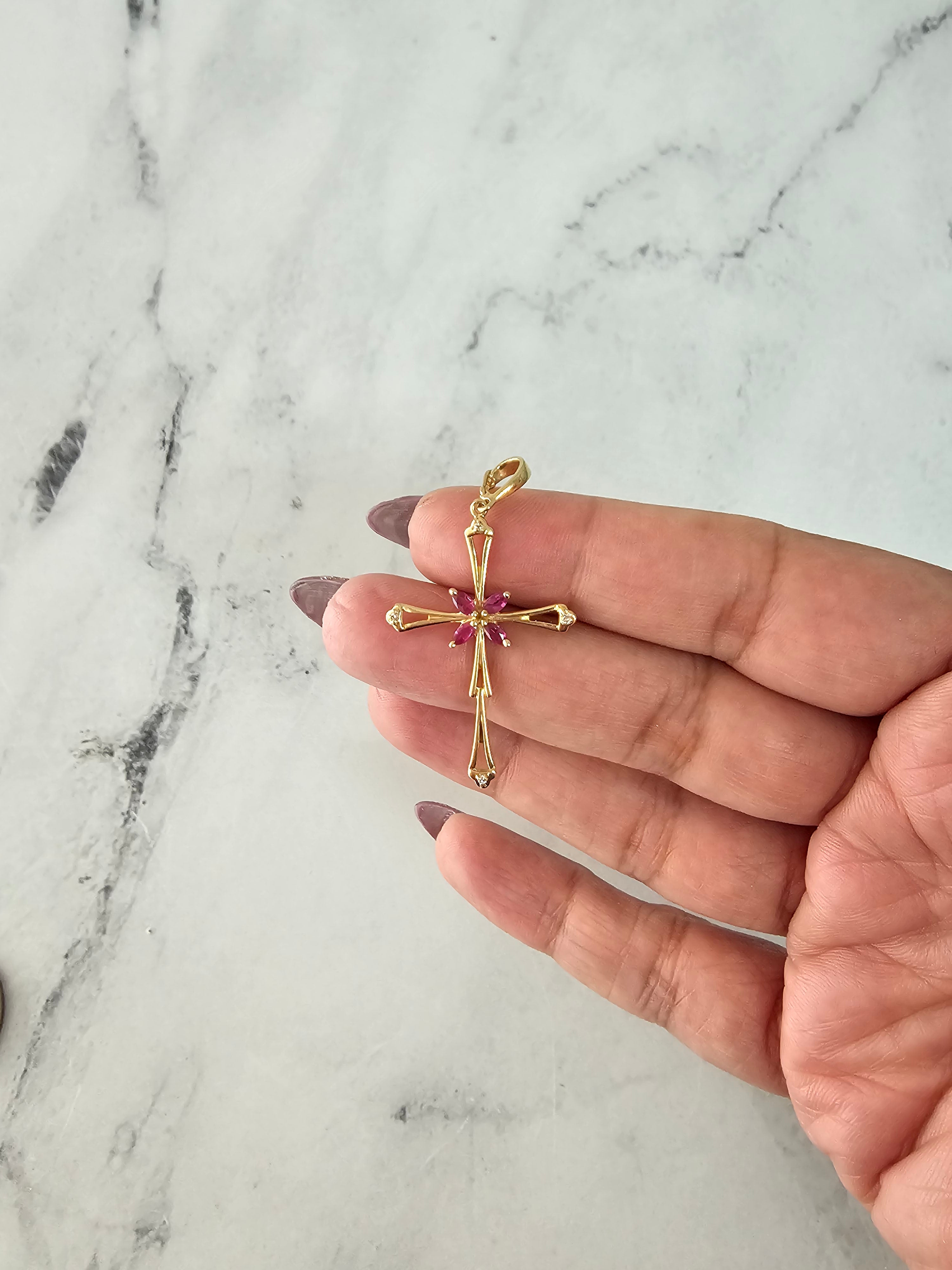 Vintage Marquise Ruby Cross Pendant with Diamond Accents in 14k Yellow Gold - Elegant Religious Jewelry for Women, Perfect for Gifts, Weddings & Special Occasions