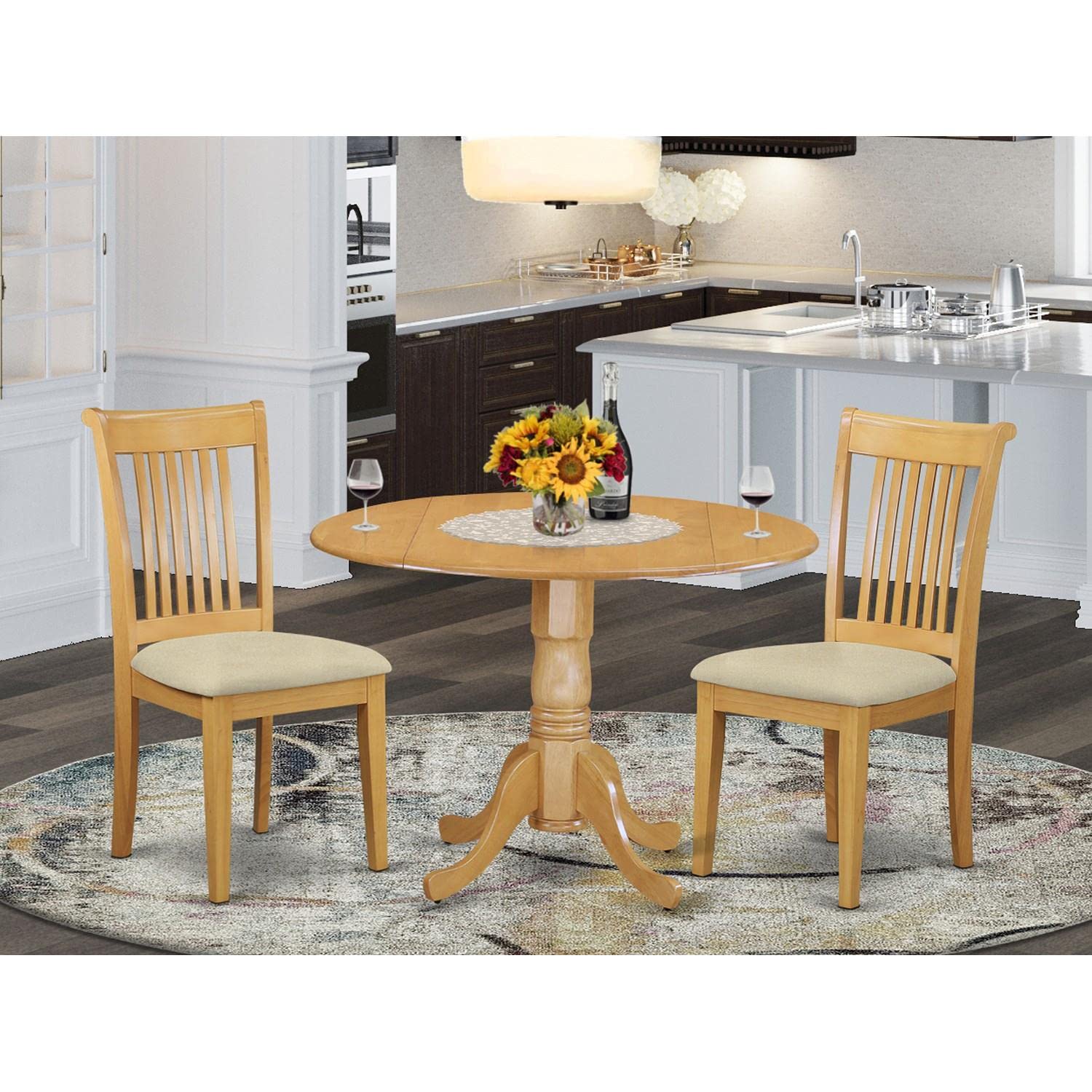 East West Furniture DLPO3-OAK-C 3-Piece Oak Dining Set with Round Drop-Leaf Table & 2 Linen Fabric Chairs, 42x42 Inch - Perfect for Small Kitchens, Breakfast Nooks & Cozy Dining Spaces