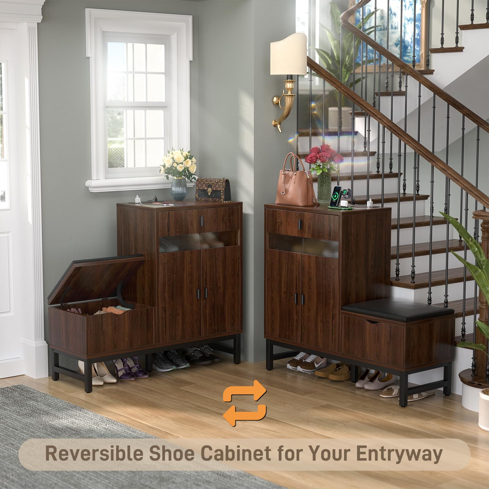 Armocity Freestanding Shoe Cabinet with LED Lights & Power Outlets - Entryway Shoe Storage Bench with Reversible Design, Drawer & Hidden Compartment (Black Walnut) - Perfect for Organizing Shoes in Hallway, Mudroom or Bedroom Closet