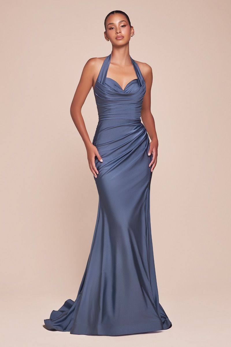 Elegant Smoky Blue Stretch Spandex Satin Halter Fitted Dress for Women | Perfect for Fall Weddings, Evening Parties & Special Occasions