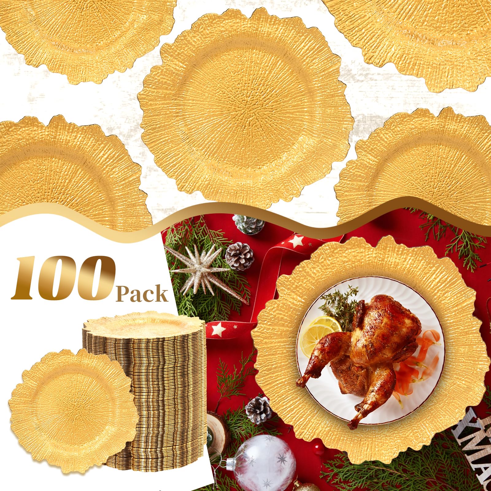 GenMous 100-Pack Gold Charger Plates - 13 Inch Floral Decorative Plastic Metallic Chargers for Wedding, Party & Holiday Table Decor - Perfect for Thanksgiving, Christmas & Formal Dining Events