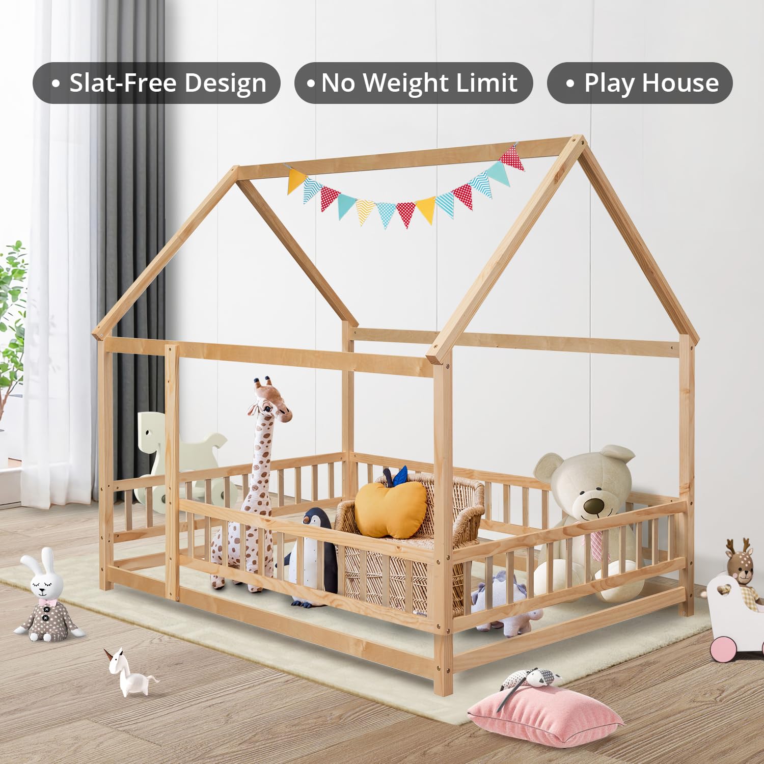 Montessori Full Size House Bed with Fence & Roof Design - Natural Wood Floor Bed Frame for Kids, Toddlers Boys & Girls - Perfect for Bedroom, Playroom & Montessori Learning Spaces