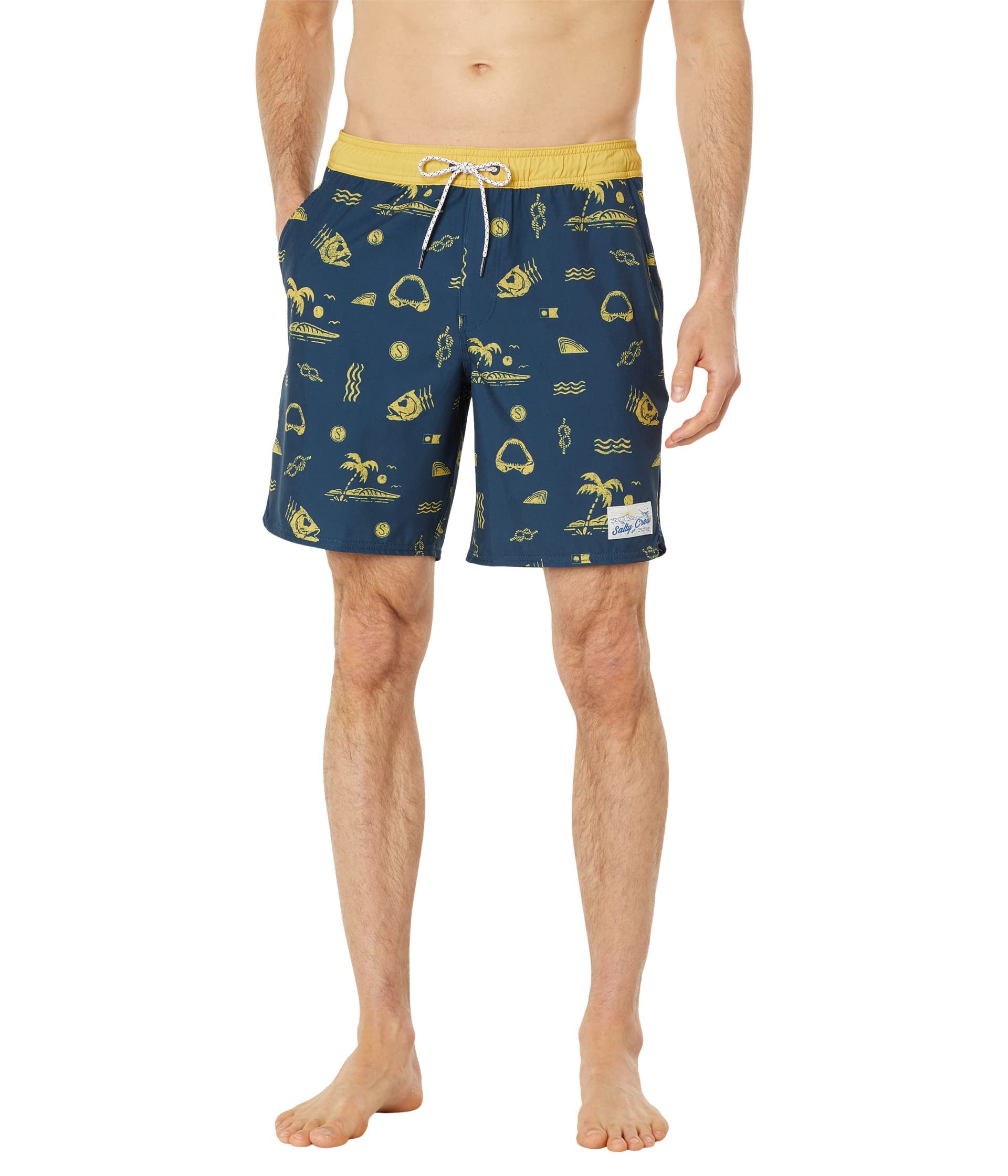 Salty Crew Island Days Volley Shorts for Men - Comfortable Swim & Beach Shorts in Navy/Gold - Perfect for Swimming, Surfing, and Summer Vacations