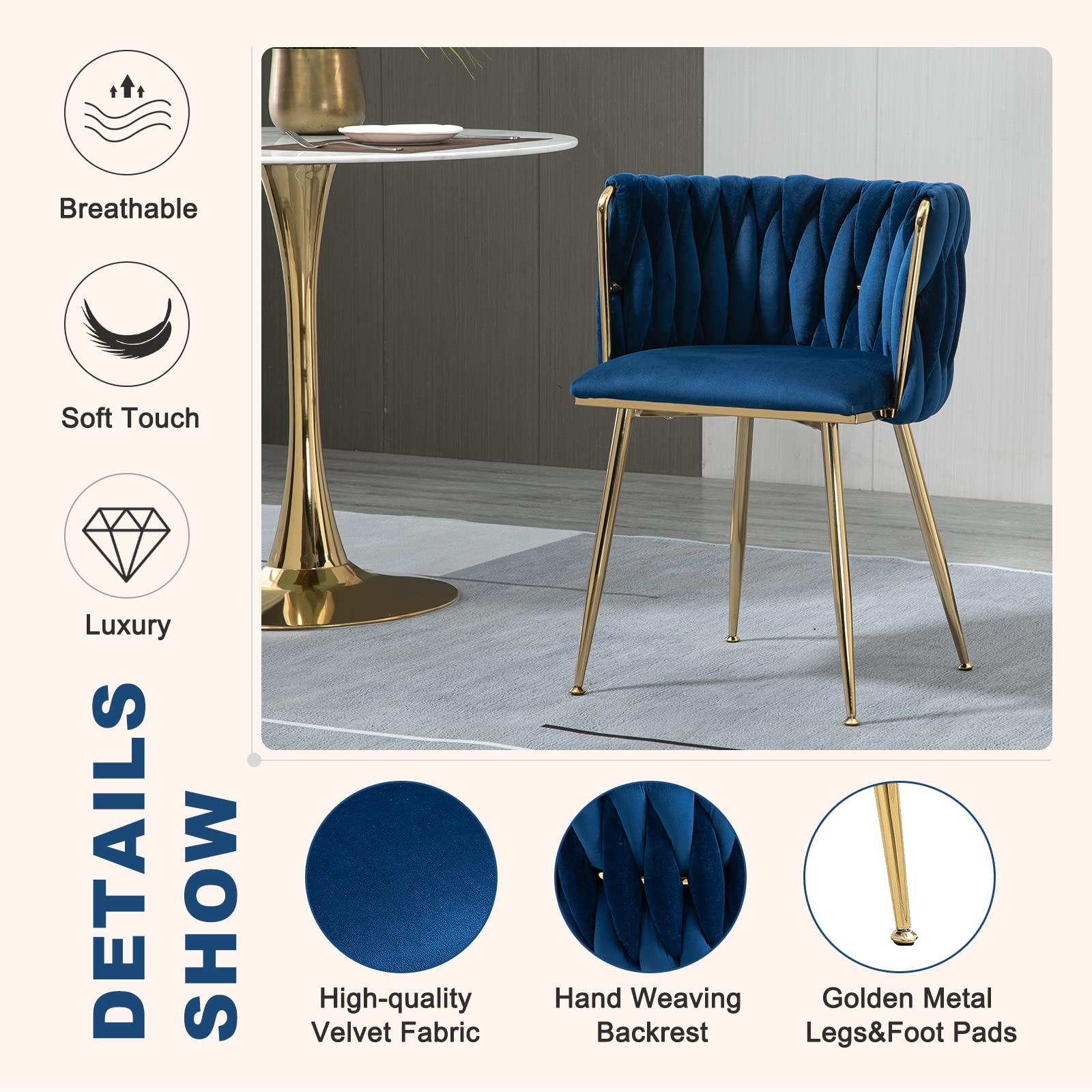 NIOIIKIT Modern Velvet Dining Chairs Set of 2 - Handwoven Upholstered Accent Chairs with Golden Metal Legs for Living Room, Kitchen, Dining Room & Vanity (Navy Blue) | Elegant Seating for Home Decor, Dinner Parties & Cozy Lounging