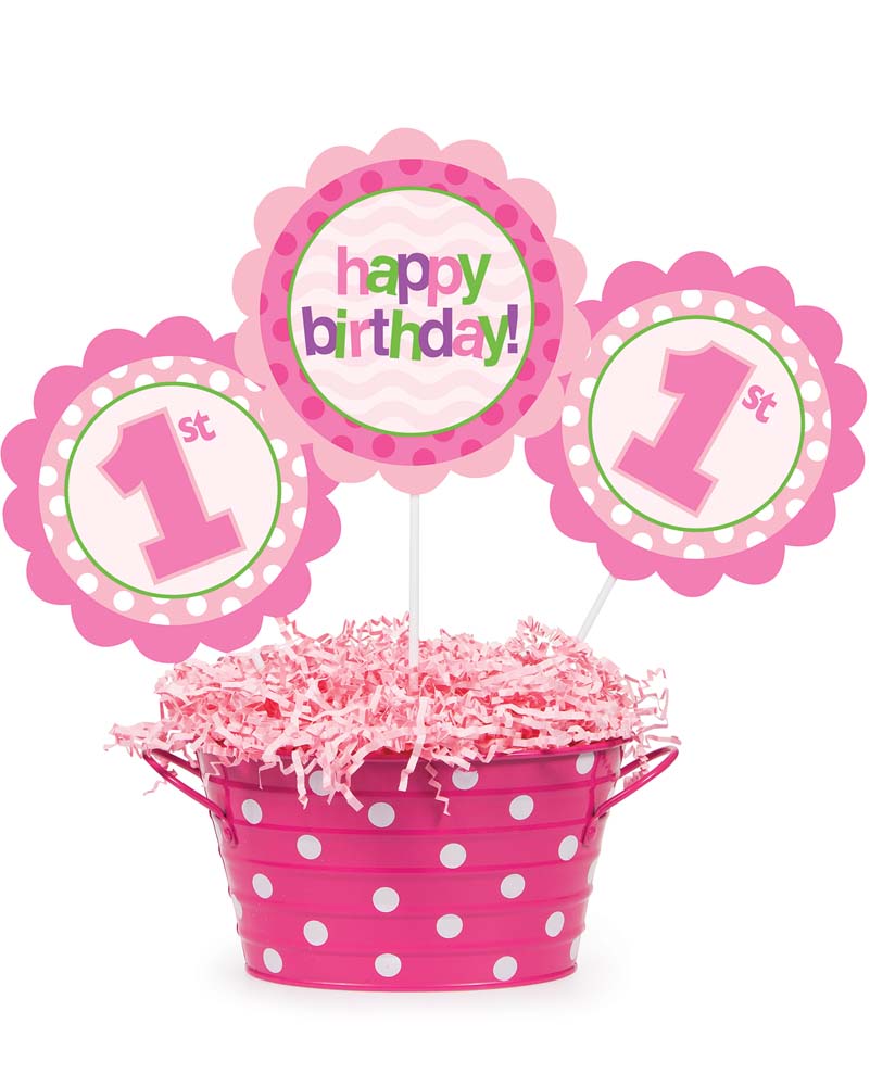 1st Birthday Party Decorations - Pink Assorted Centrepiece Sticks Pack of 3 for Baby Girl's First Birthday Cake Toppers & Table Decor