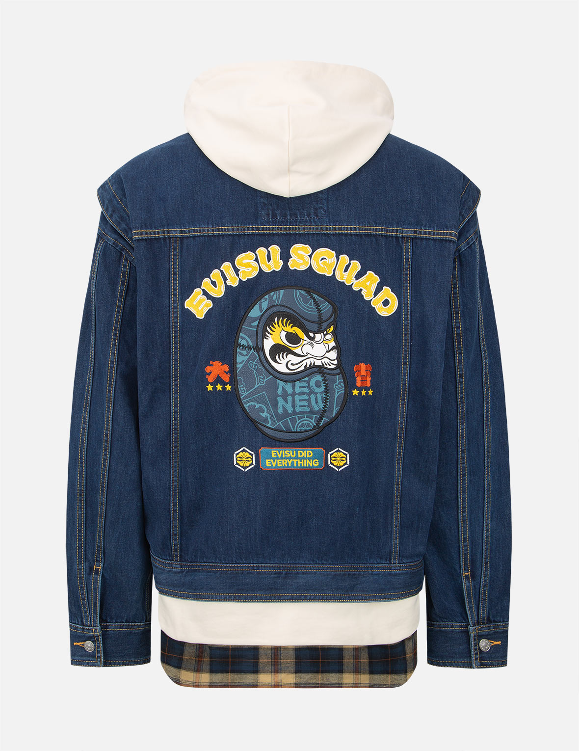 Vintage Daruma Leather Patch Denim Jacket for Men & Women - Distressed Denim Trucker Jacket with Embroidered Japanese Daruma Doll Design - Perfect for Streetwear, Casual Outfits and Fashion Statements