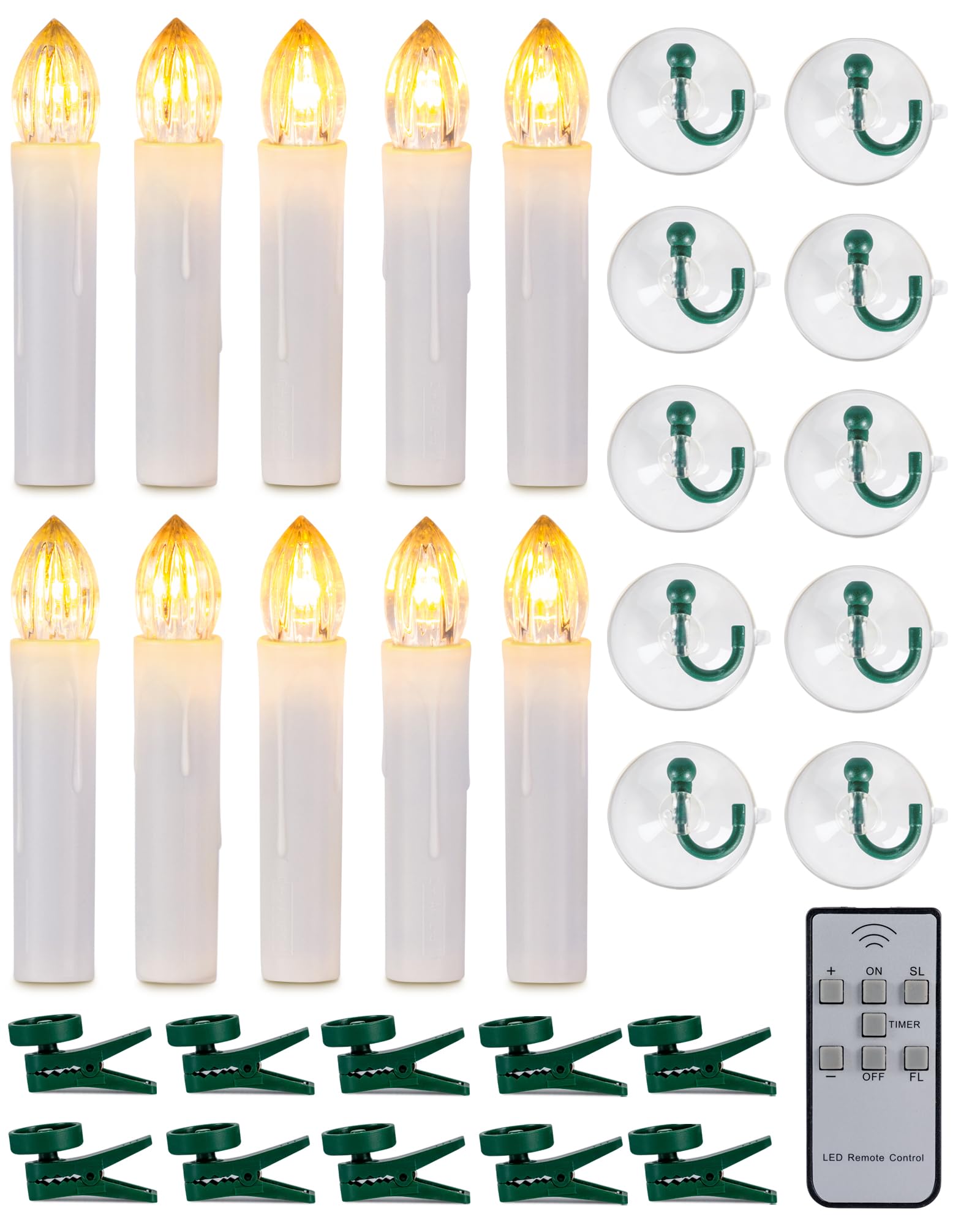 Homemory 10 Pack Clip On LED Candles for Christmas Tree - Remote Control & Timer, Flickering Warm White Window Candles with Clips/Suction Cups (0.7