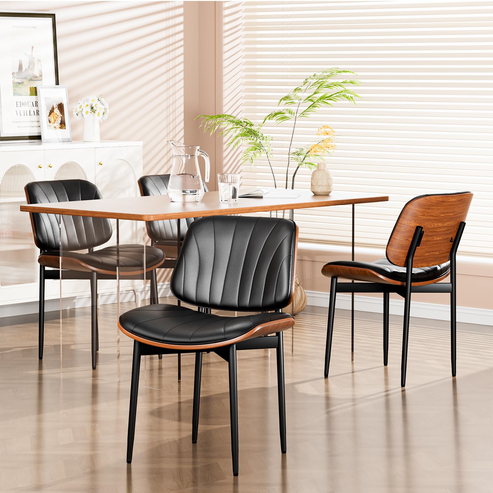 Set of 2 Mid Century Modern Dining Chairs - FSC Certified PU Leather Upholstered Accent Chairs with Walnut Bentwood & Metal Legs for Kitchen, Dining Room & Vanity - Perfect for Home Decor & Small Spaces (Black)