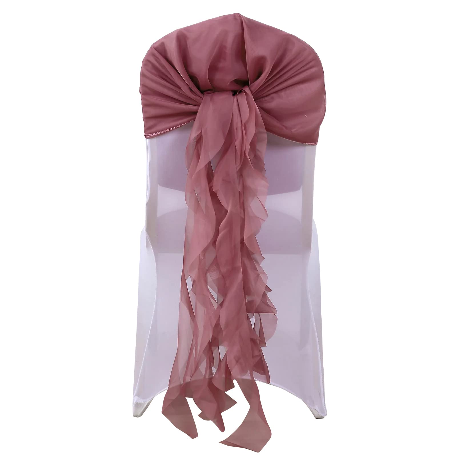 50 Pack Mauve Premium Curly Chiffon Chair Covers with Sashes - Elegant Wedding, Party & Ceremony Decorations - Perfect for Reception, Banquet and Special Event Decor