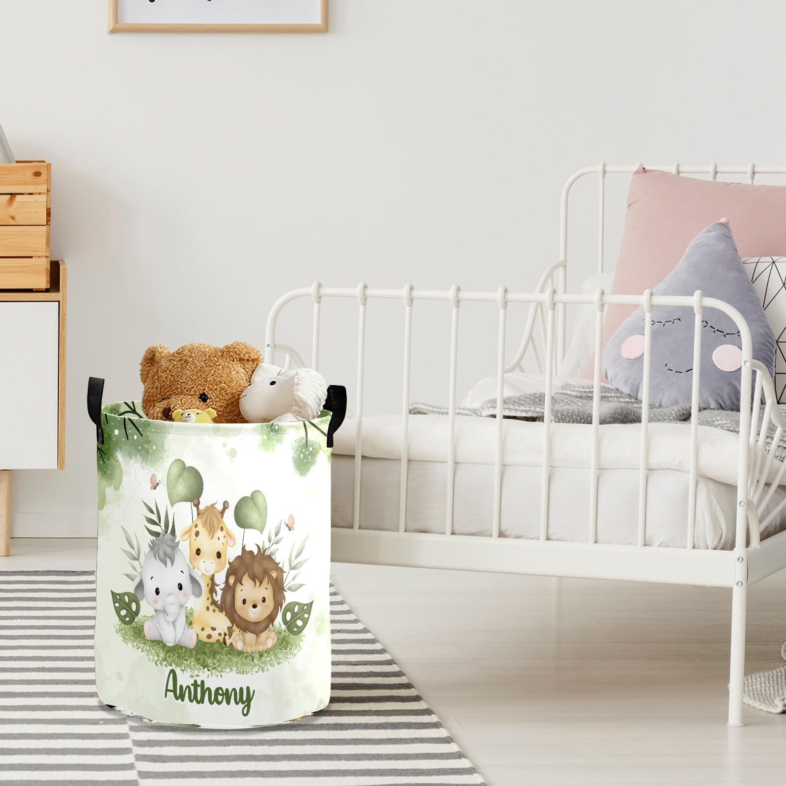 Jungle Animal Leaves Green Personalized Laundry Hamper - Collapsible Storage Basket with Handles for Kids Room, Nursery Decor & Clothes Organization - Perfect for Baby Shower Gifts, Toddler Bedroom Storage & Playroom Organization