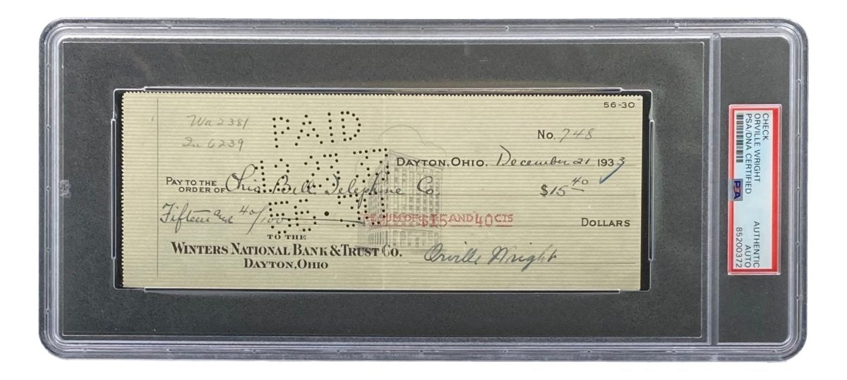 Authentic Orville Wright Signed Bank Check - PSA/DNA Certified 85200372 - Rare Aviation Memorabilia for Collectors & History Enthusiasts | Perfect for Display in Home, Office or Museum Exhibits