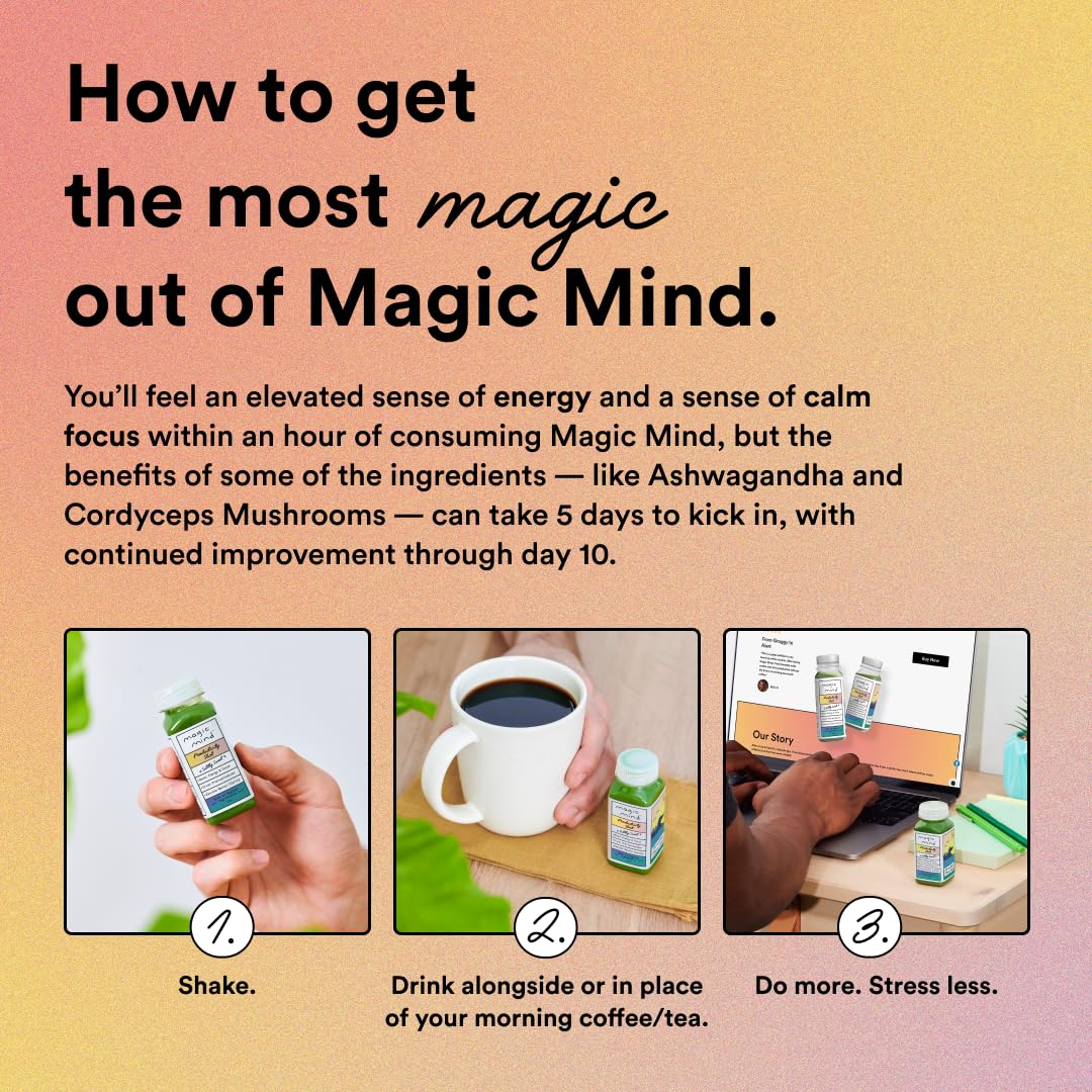 Magic Mind Focus Energy Drink Shots - Stress Relief & Mental Clarity with Ashwagandha, Functional Mushrooms, Matcha Green Tea, Vitamins B12 & C - 30 Pack (2 fl oz each) - Boost Productivity for Workouts, Study & Office Focus