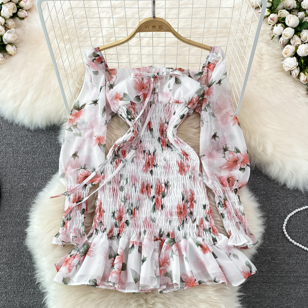 Elegant Long Sleeve Square Neck Chiffon Floral Ruffle Dress for Women - Perfect for Spring Weddings, Garden Parties & Date Nights