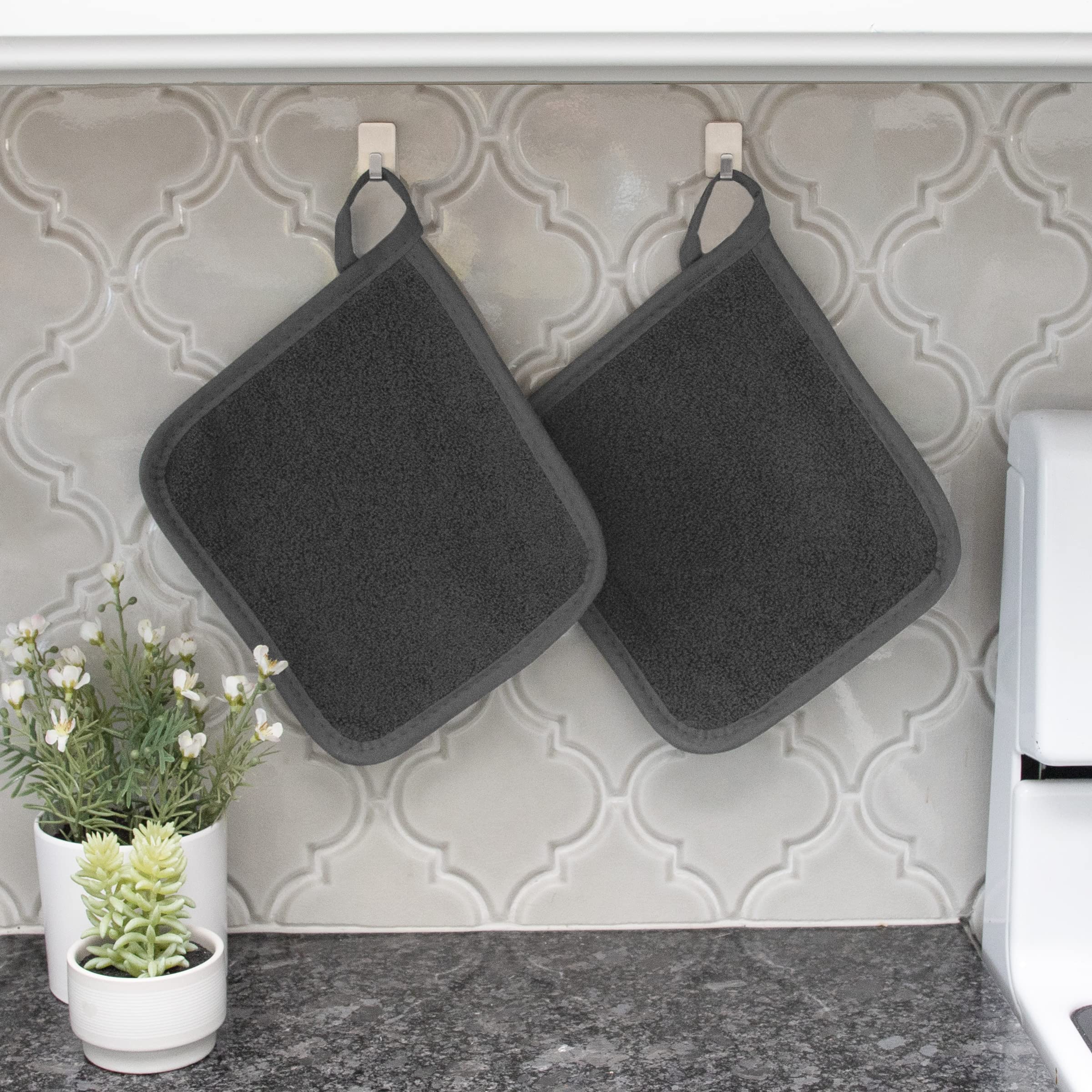 Ritz Terry 100% Cotton Potholders Set of 2 - Heat Resistant Kitchen Mitts with Ergonomic Grip, Machine Washable Oven Gloves - Graphite Color for Cooking, Baking & Grilling