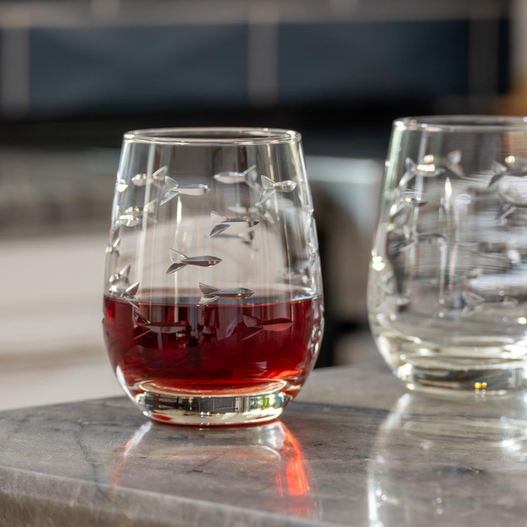 Set of 4 Clear Stemless Wine Tumbler Glasses - 15oz Fish Design for School of Fish Lovers | Perfect for Parties, Gifts & Home Bar Decor