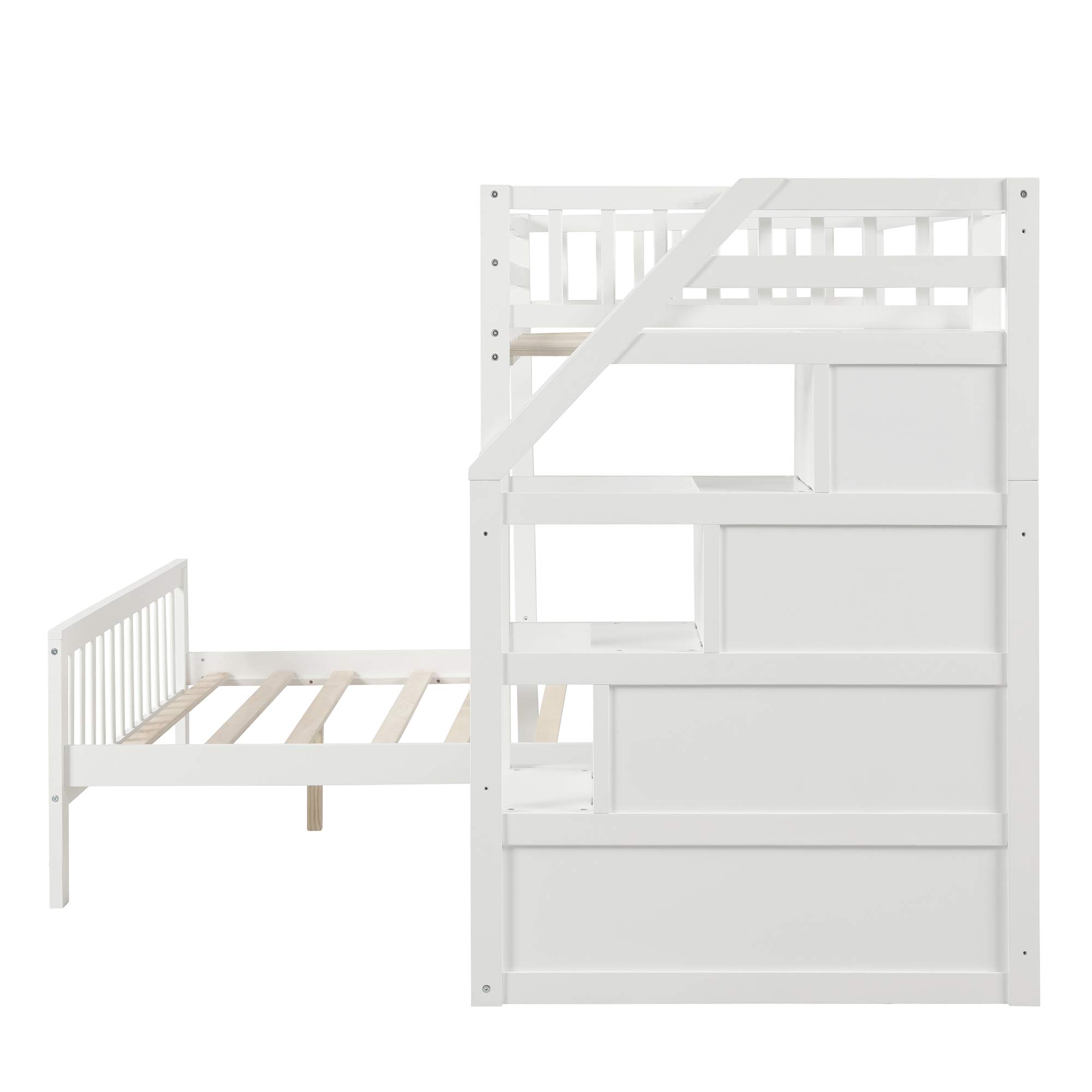 LZ LEISURE ZONE Twin Over Full Loft Bed with Storage - Solid Wood Bunk Bed Frame, No Box Spring Needed (White) - Perfect for Kids' Bedrooms, Guest Rooms & Small Spaces