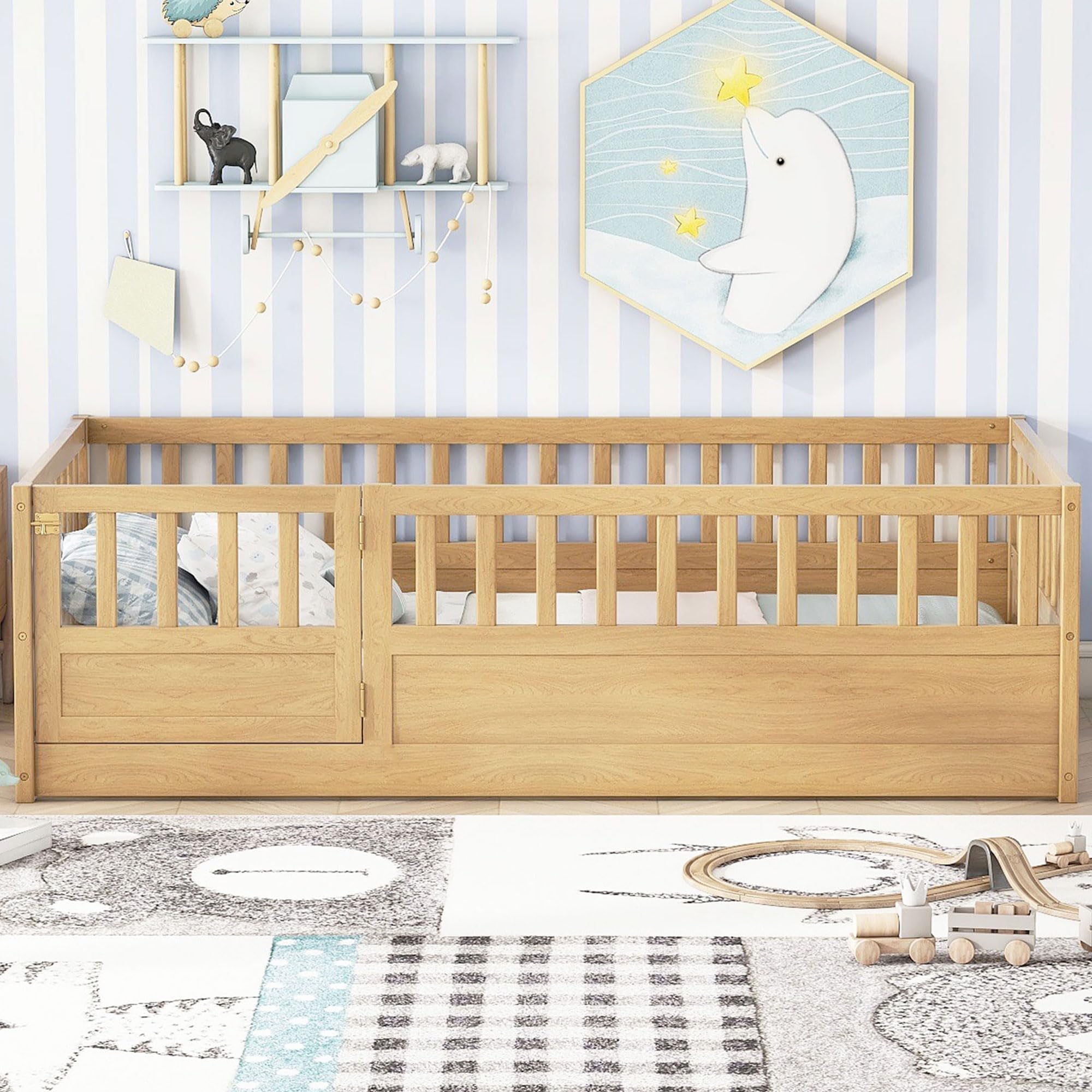 Montessori Twin Floor Bed for Kids - Wooden Low Bed with High Safety Fence & Door - Natural Wood Toddler Bed for Boys & Girls - Perfect for Bedroom, Playroom & Montessori Learning Spaces