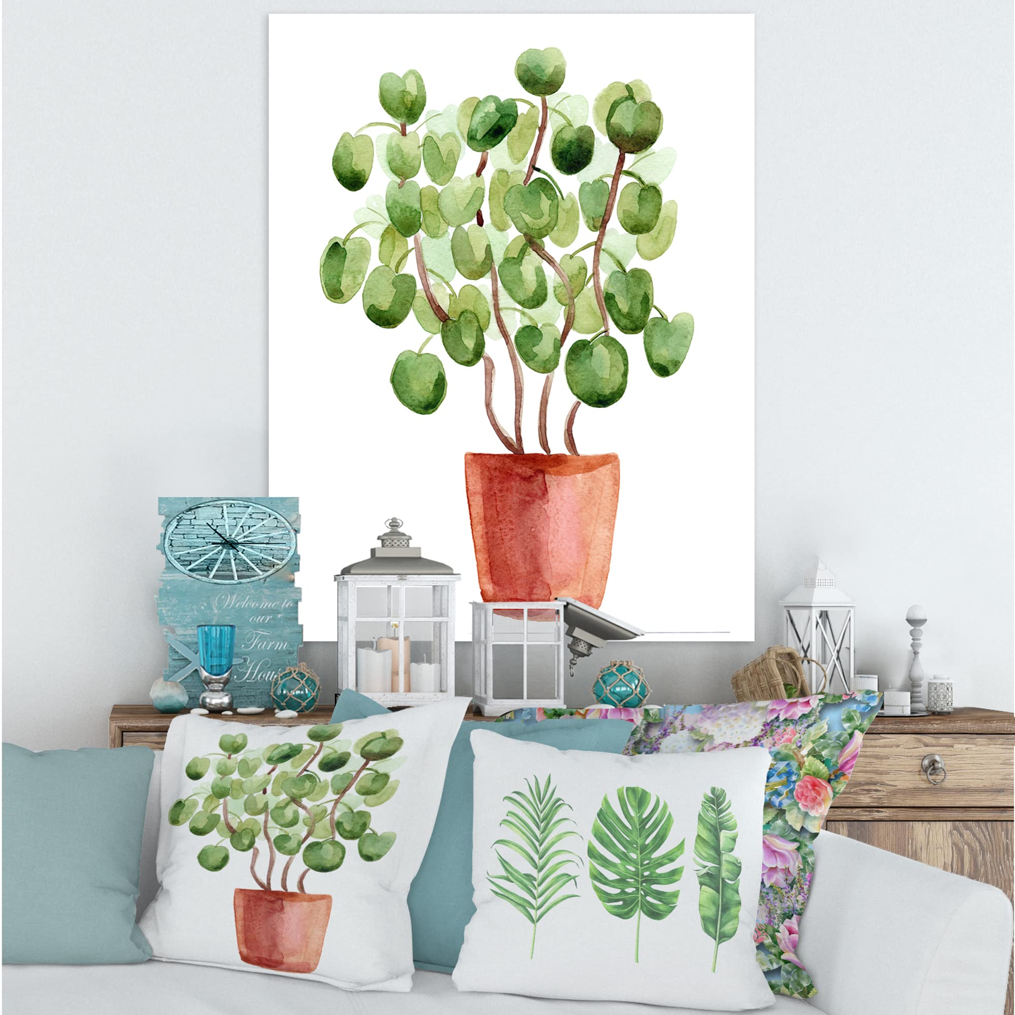 DesignQ Chinese Money Plant in Pot - Traditional Canvas Wall Art Decor for Home, Office & Living Room | Feng Shui Housewarming Gift