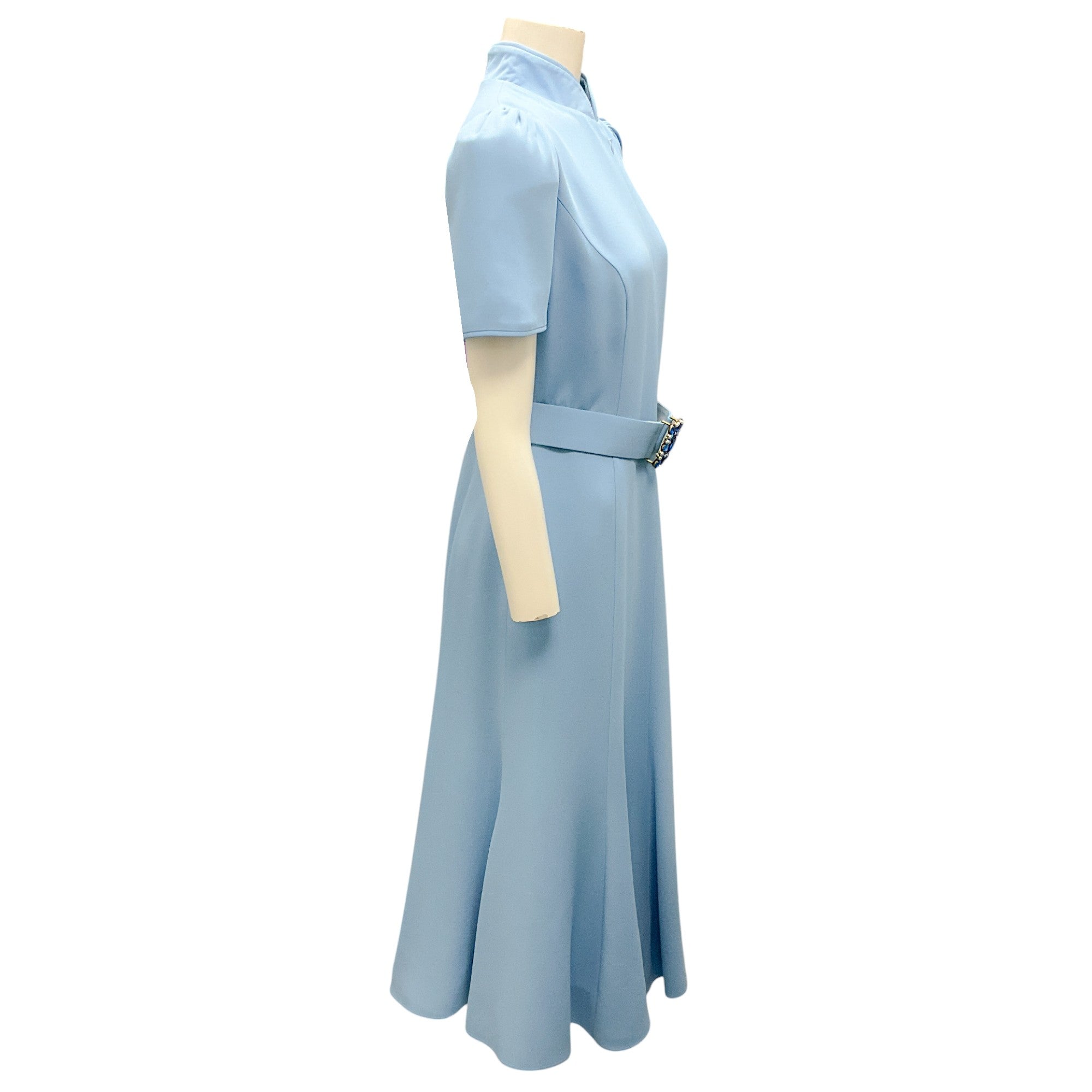 Andrew Gn Light Blue Jewel Belt Short Sleeve Crepe Midi Cocktail Dress for Women | Elegant Party, Wedding Guest & Special Occasion Outfit