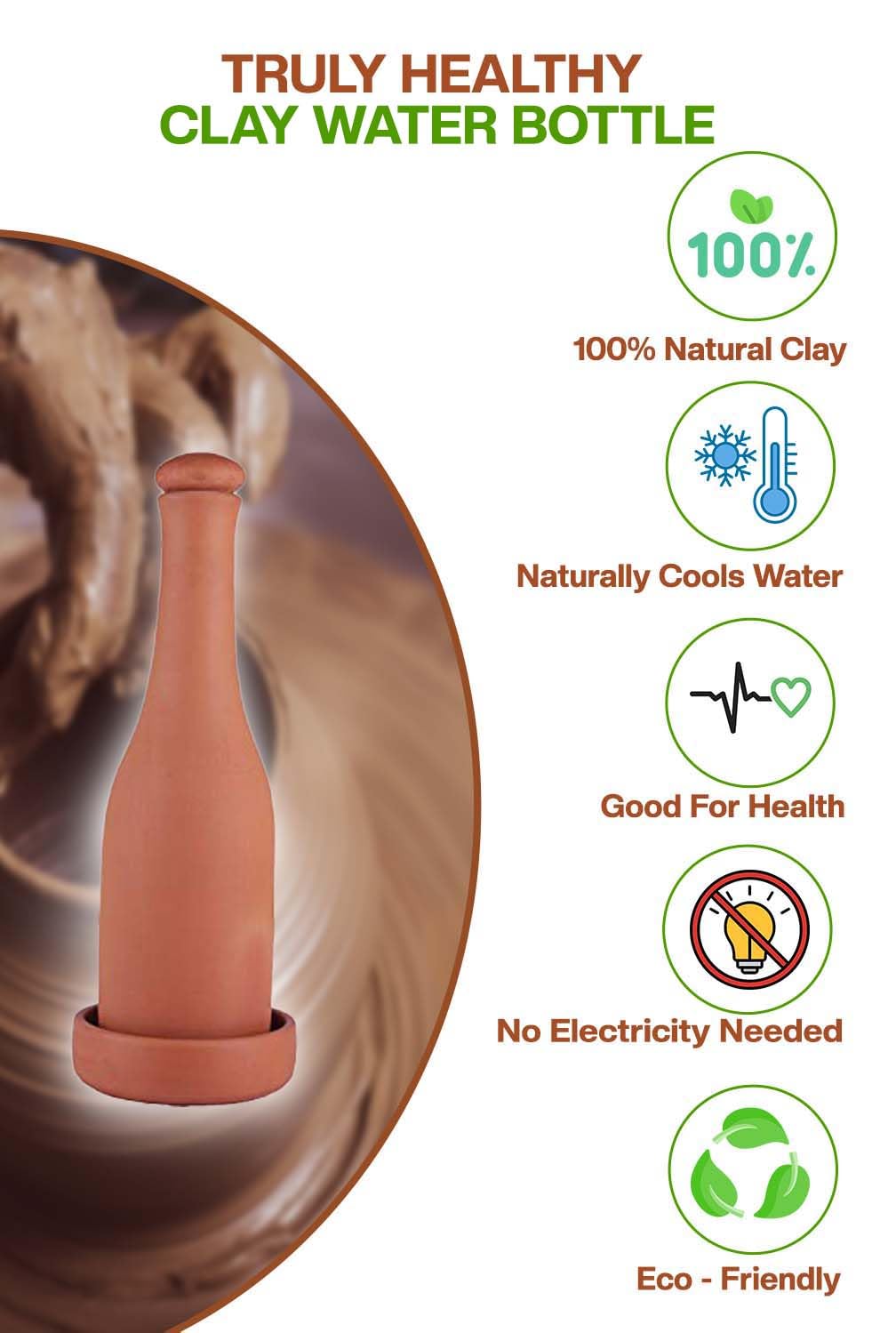 Village Decor Preseasoned Handmade Terracotta Water Bottle with Cork & Tray - 27oz Clay Mud Bottle for Home, Office & Outdoor Use | Natural Cooling Water Storage