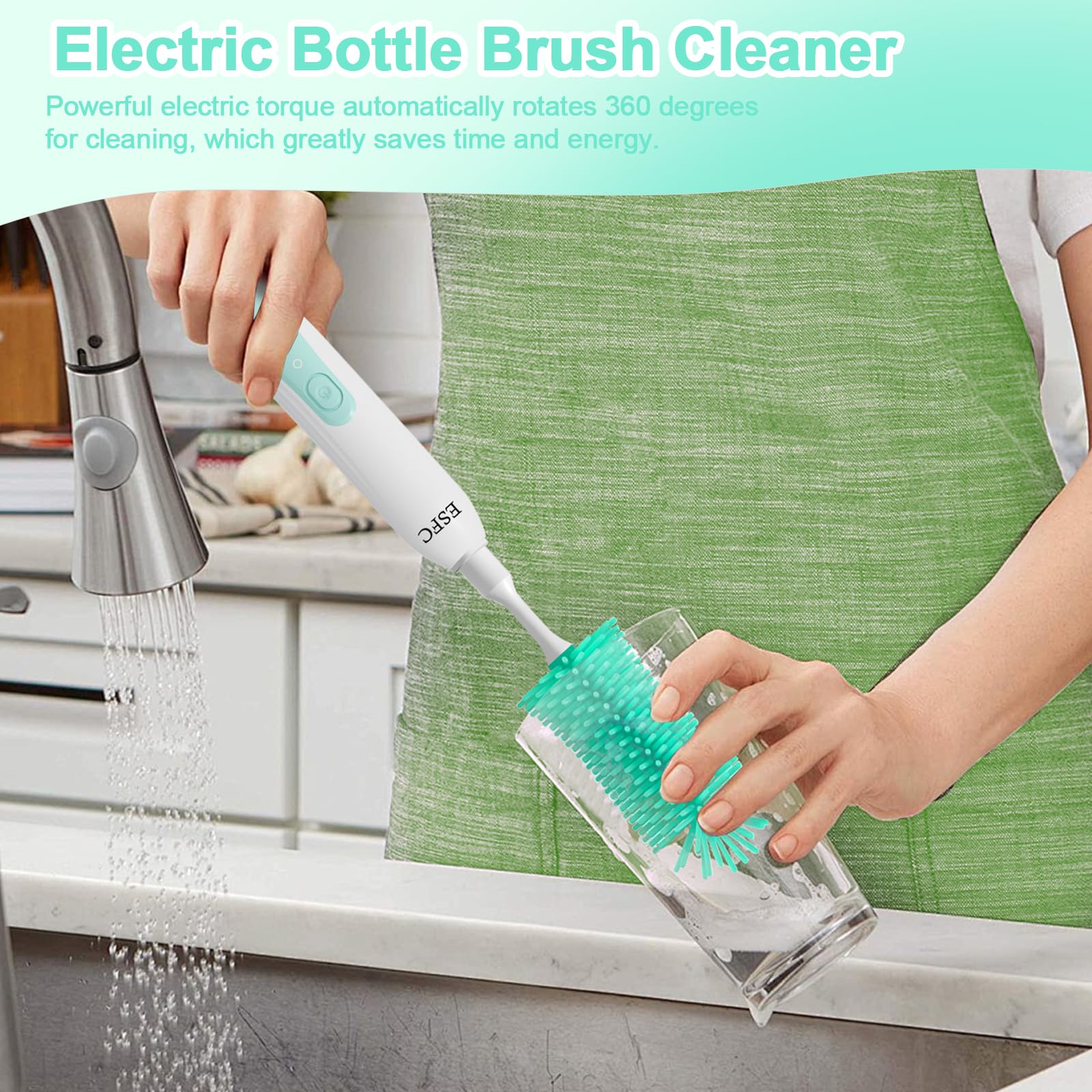 Electric Baby Bottle Brush Cleaner Kit - Automatic Rechargeable Bottle Brush with Nipple & Straw Cleaner, Electric Stirrer & Drying Rack - Waterproof Travel Cleaning Set for Infants (Green) - Perfect for Home, Travel & Daycare Use