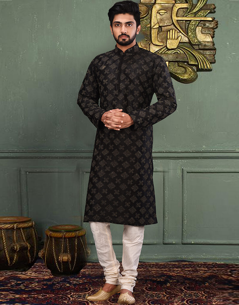 Stylish Black Kurta with Off White Chudidaar - Traditional Indian Ethnic Outfit for Women - Perfect for Festivals, Weddings & Cultural Events