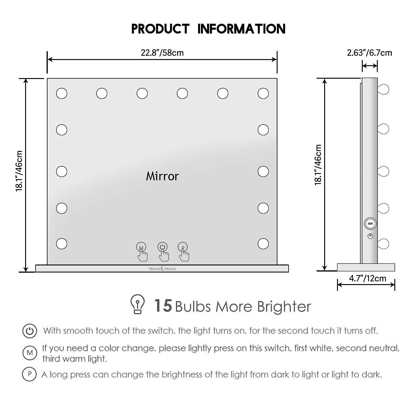 Hollywood Vanity Mirror with LED Lights - Professional Makeup Mirror with Adjustable Brightness, Touch Control & 58x46CM Large Mirror for Makeup Application (Black) - Perfect for Home Dressing Room, Beauty Salon & Professional Makeup Artists
