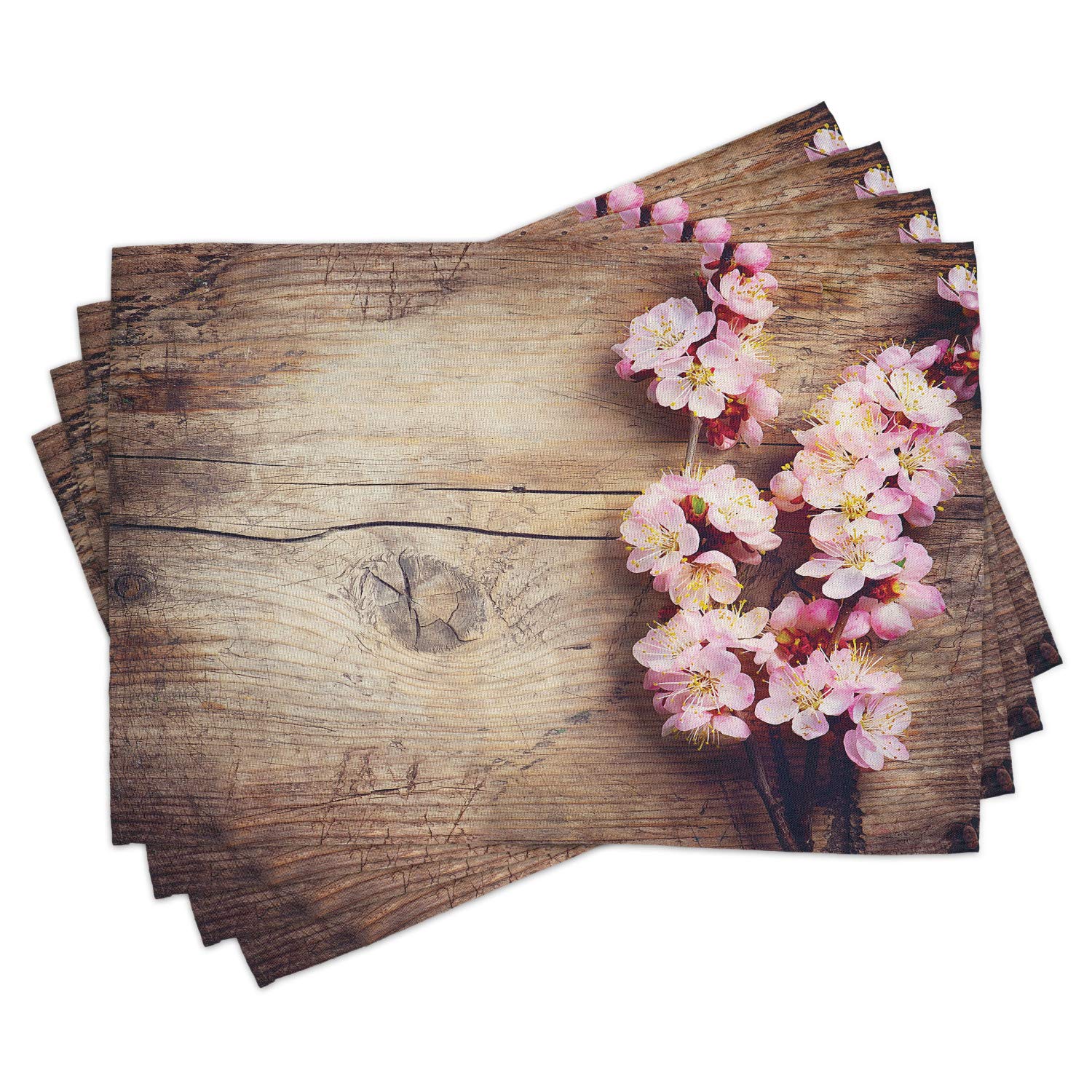 Ambesonne Floral Place Mats Set of 4 - Spring Blossom Farmhouse Style Washable Fabric Placemats for Dining Table, Brown & Pink, Standard Size - Perfect for Countryside Decor, Romantic Dinners & Spring Table Settings
