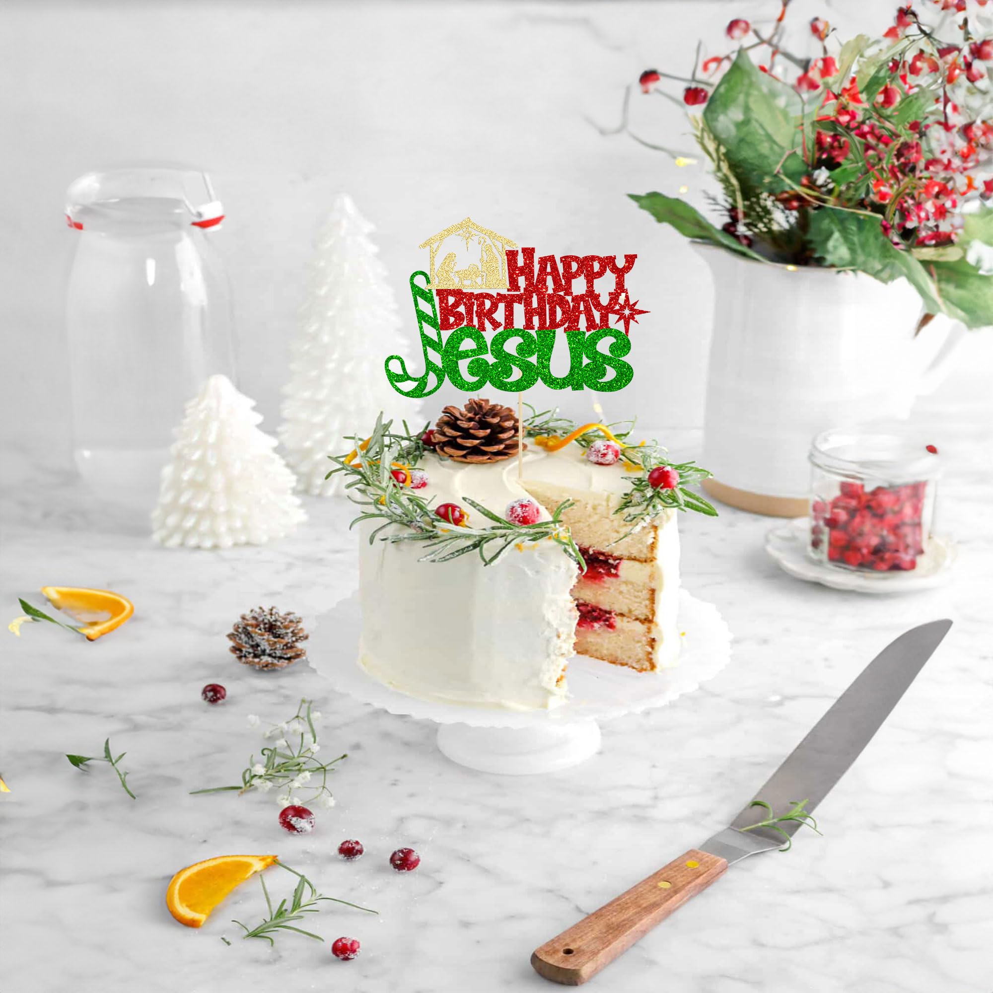 1Pcs Happy Birthday Jesus Cake Topper - Glitter Nativity Cake Decorations for Christmas & Birthday Parties - Merry Christmas Jesus Cake Pick - Red & Green Holiday Party Supplies - Perfect for Nativity Scene Decor, Christmas Celebrations & Religious Events