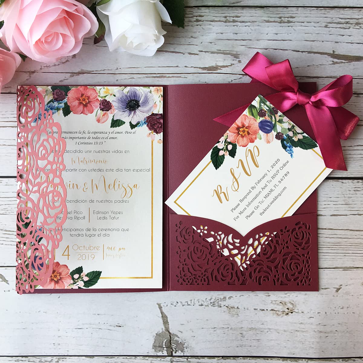 50PCS Personalized Burgundy Laser Cut Wedding Invitations with Envelopes - Hollow Rose Pocket with Ribbon & RSVP Cards - Elegant Invites for Wedding, Quinceañera, Bridal Shower & Special Events