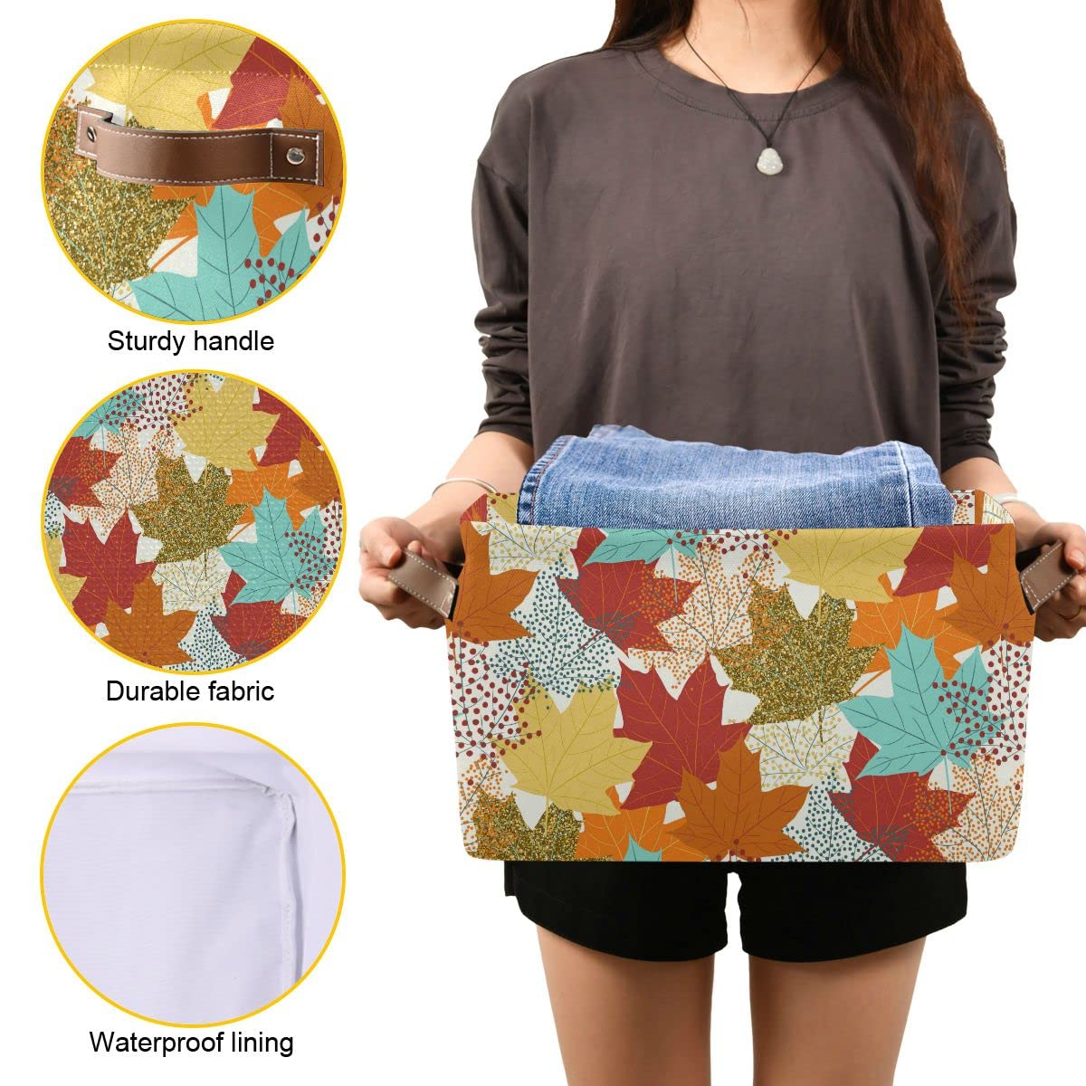 Foldable Fabric Storage Bin - 16x12x8 Inch Laundry Basket, Organizer for Baby Clothes, Dog Toys & Books | Autumn Maple Leaf Design | Perfect for Shelves, Closets & Home Organization | Durable Storage Solution for Seasonal Decor & Household Items