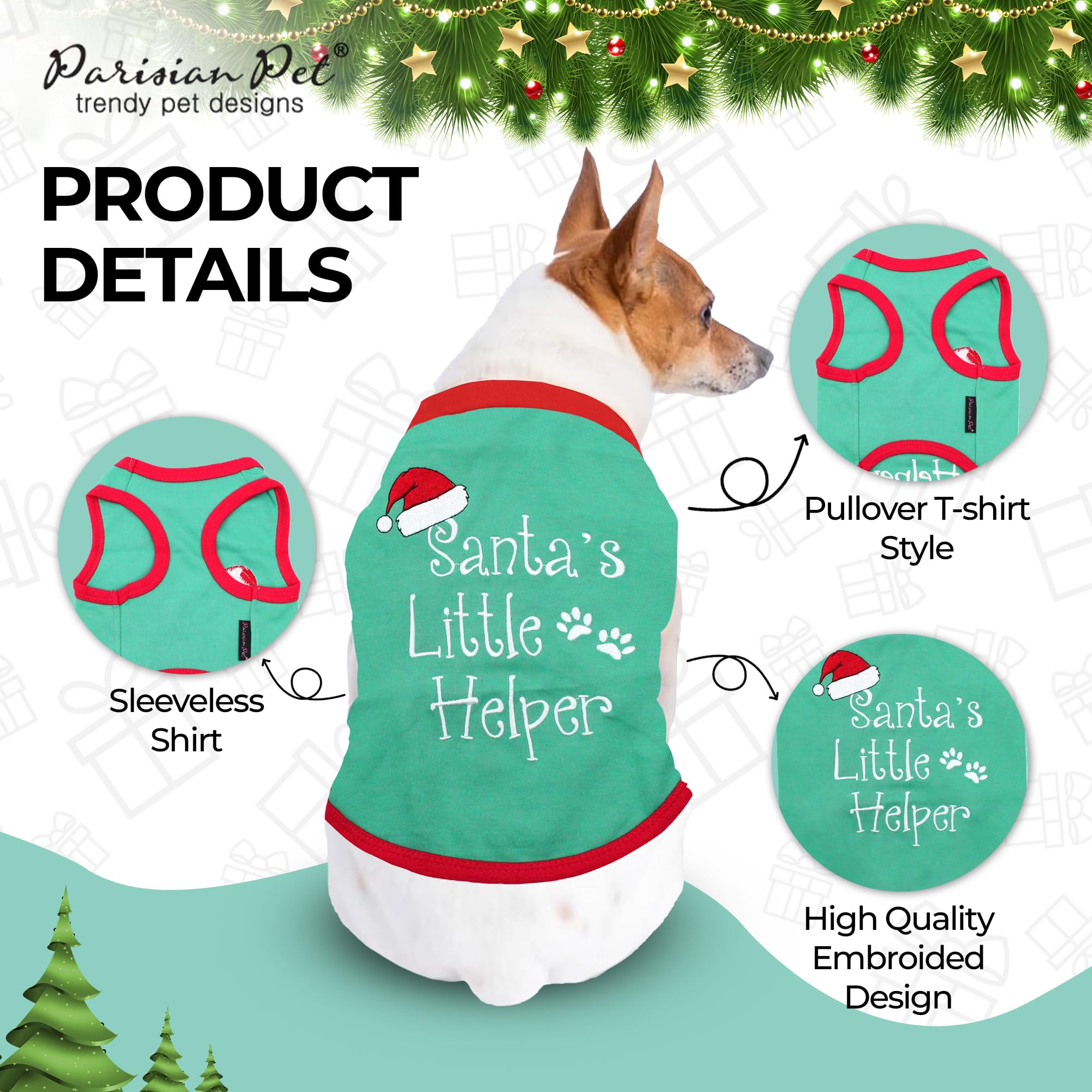 Santa's Little Helper Embroidered Dog T-Shirt - Parisian Pet Lightweight Cotton Christmas Outfit for Small Dogs - Sleeveless Holiday Pet Apparel - Perfect for Christmas Photos & Festive Gatherings (XS)
