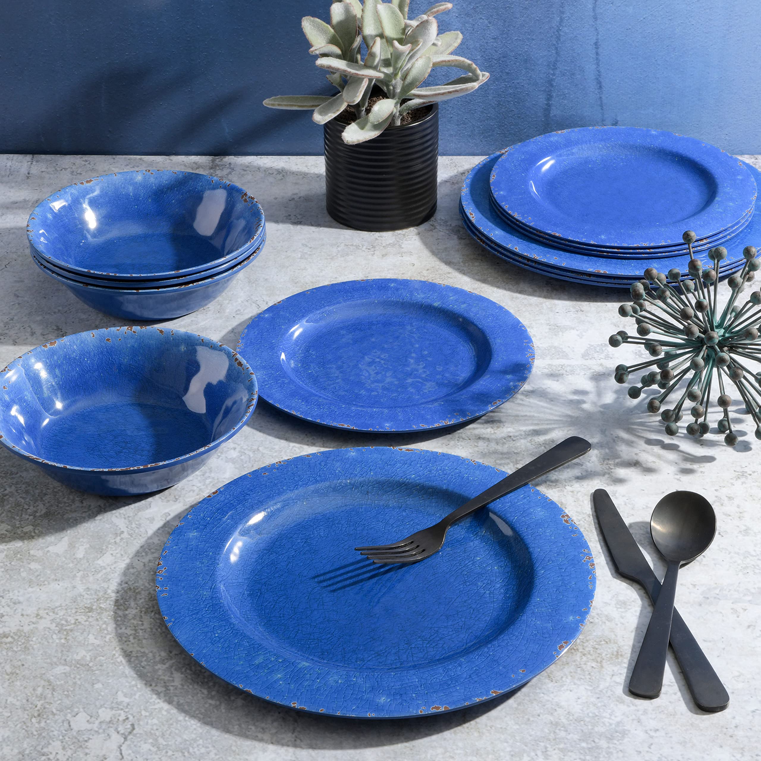 Gibson Home Mauna Melamine Dinnerware Set for 4 - 12-Piece Shatterproof Plates & Bowls in Cobalt Rustic - Perfect for Outdoor Dining, Picnics, and Camping