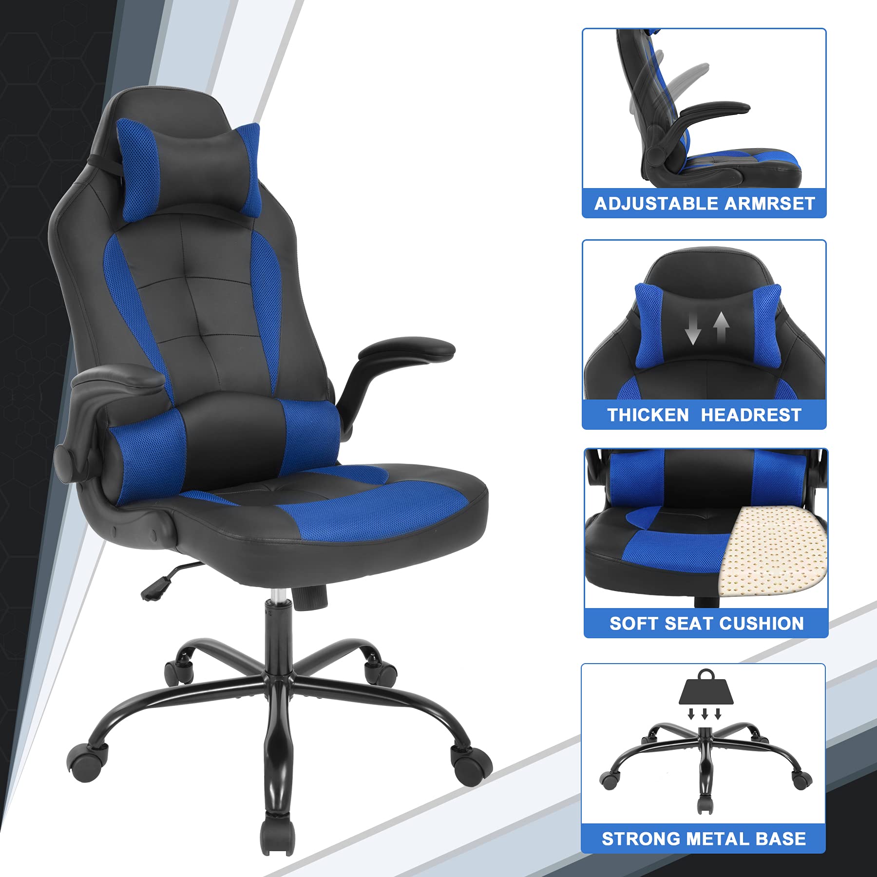 Ergonomic Gaming Chair with Lumbar Support - Adjustable PC Computer Racing Chair for Office & Home, Flip-Up Armrests, Swivel & Rolling Task Chair for Men & Women (Blue) - Perfect for Gaming, Working & Studying