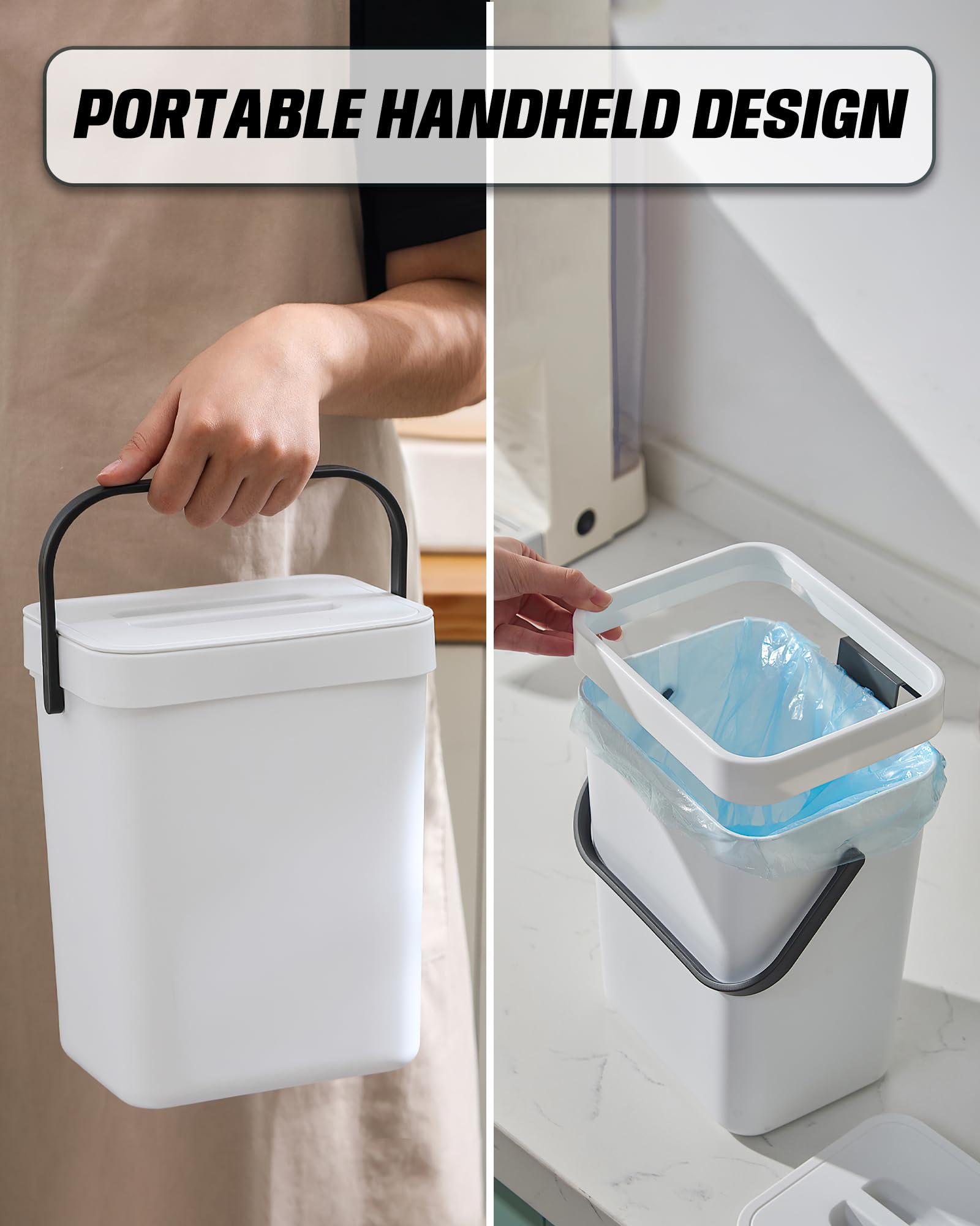 Eco-Friendly Indoor Compost Bin - 1.3 Gallon (5L) Hanging Small Trash Can with Lid for Kitchen & Bathroom, Under Sink Waste Basket, Countertop Compost Bucket - Perfect for Organic Waste Recycling, Food Scraps Collection & Sustainable Living (White)