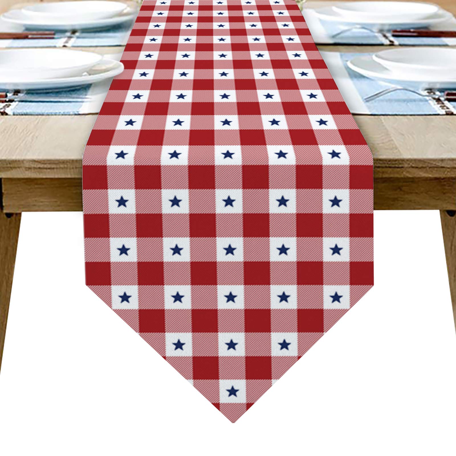 LooPoP 4th of July Table Runner - 72 Inch Cotton Linen Patriotic American Flag Table Decor for Independence Day, Weddings, Dining & Farmhouse Style - Red White Blue Theme for Party, Picnic & Holiday Celebrations