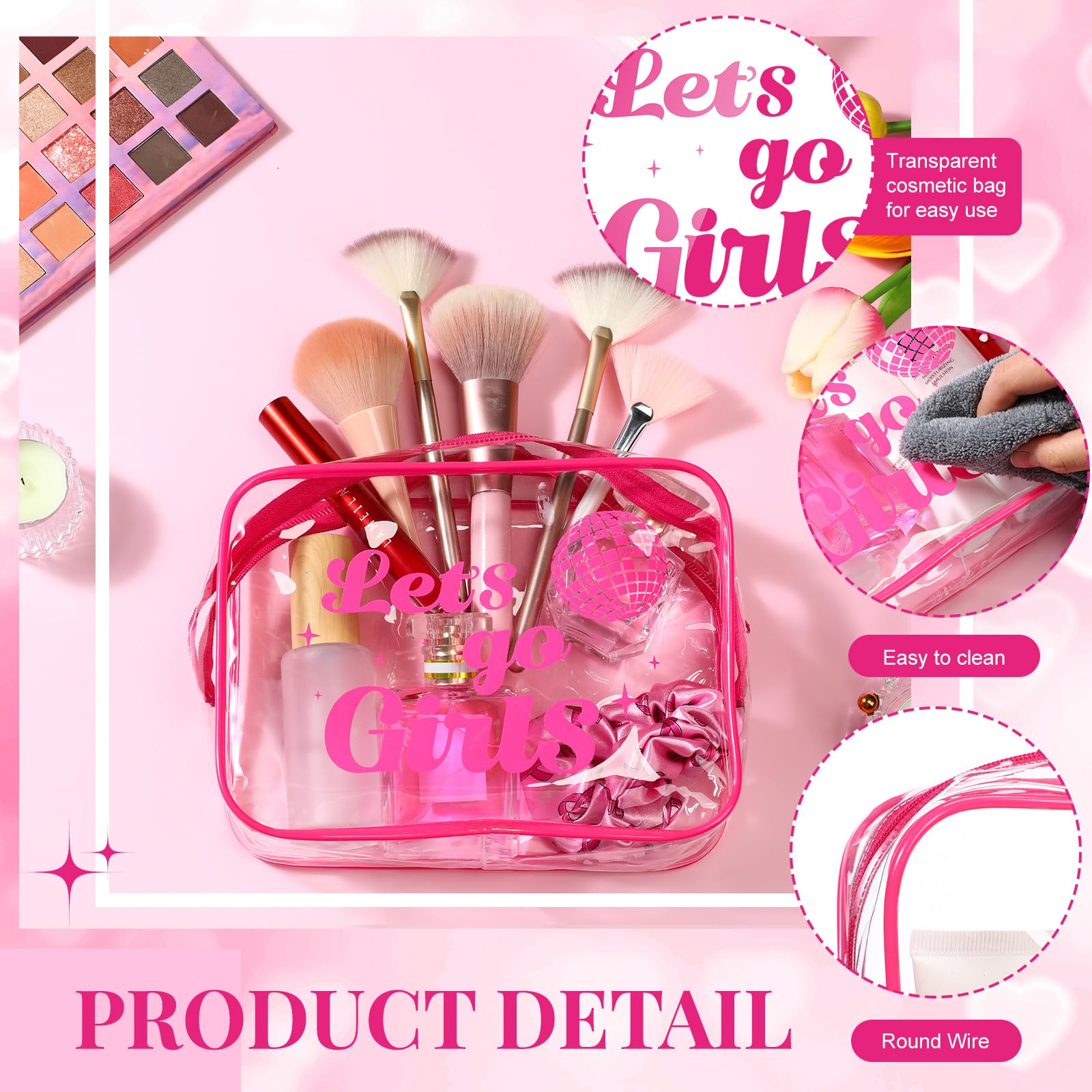 9 Pcs Let's Go Girls Bachelorette Makeup Bags - Clear PVC Cosmetic Pouches with Zipper for Bride & Bridesmaids - Perfect for Wedding, Bridal Shower & Bachelorette Party Gifts - Great for Travel, Gym & Daily Beauty Organizer
