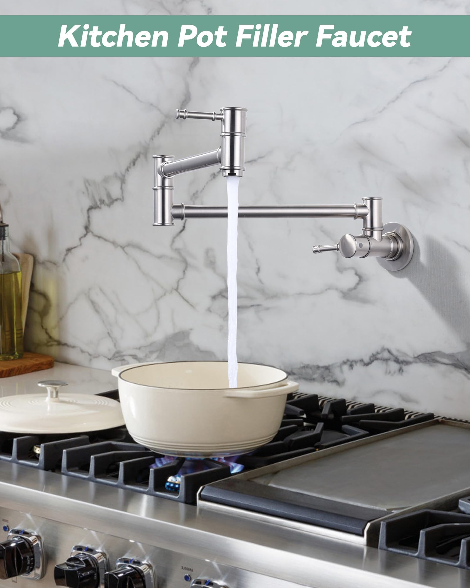 Solid Brass Wall Mount Pot Filler Faucet - Brushed Nickel Finish, Single Hole Installation, Dual Handle Design for Stove & Kitchen Use - Perfect for Cooking, Filling Pots & Pasta Making