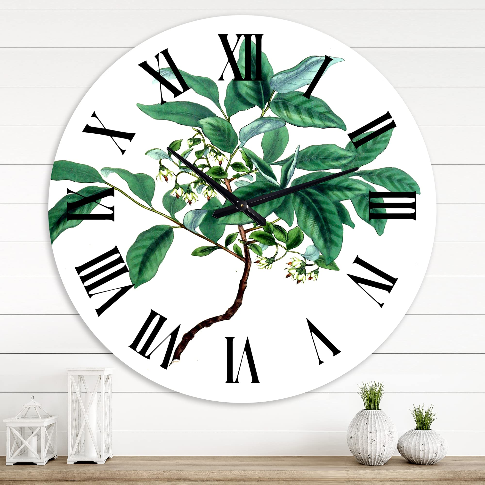 Vintage Green Leaves Plants Wall Clock - Large Traditional Floral & Botanical Decor for Living Room, Bedroom, Office | Perfect for Home, Farmhouse, and Rustic Interior Design