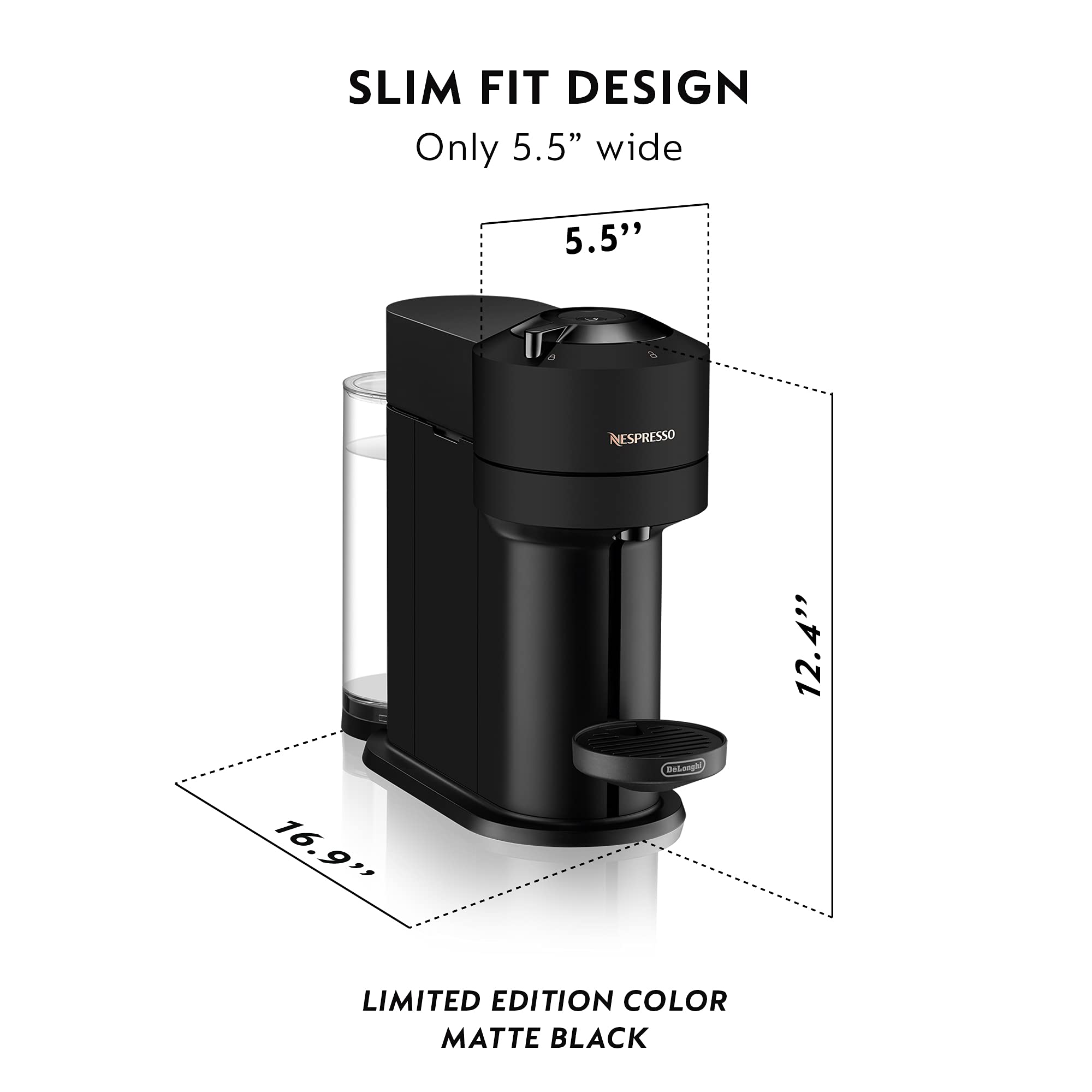 De'Longhi Nespresso Vertuo Next Coffee & Espresso Machine - Matte Black Limited Edition (5 Cup Capacity) - Perfect for Home, Office & Small Spaces