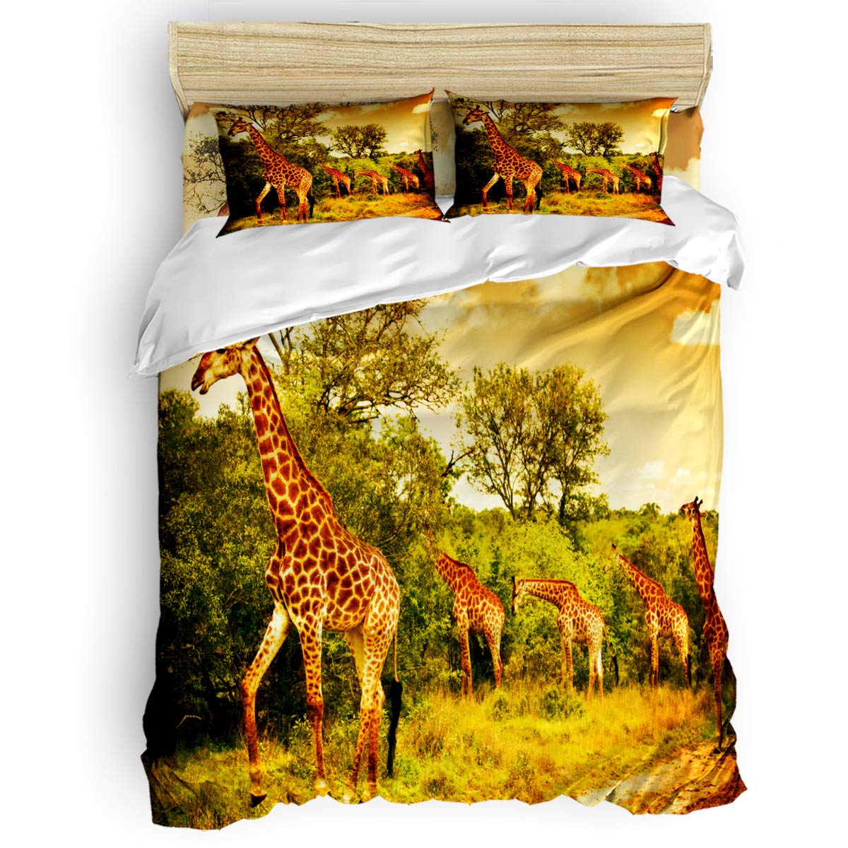 4-Piece Luxury Soft Duvet Cover Set with Giraffe Family African Savanna Print - King Size Bedding Includes Comforter Cover, Sheet & 2 Pillowcases - Perfect for Kids' Rooms, Dorm Decor & Safari-Themed Bedrooms