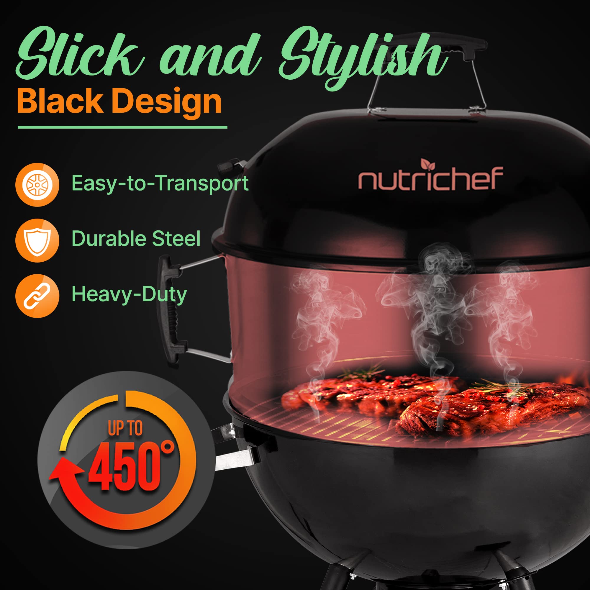 NutriChef Portable Outdoor Charcoal BBQ Grill - Compact Barbecue Smoker with Cover for Backyard, Camping, Picnics & Tailgating | Perfect for Grilling Burgers, Steaks & Vegetables at Home or On-The-Go