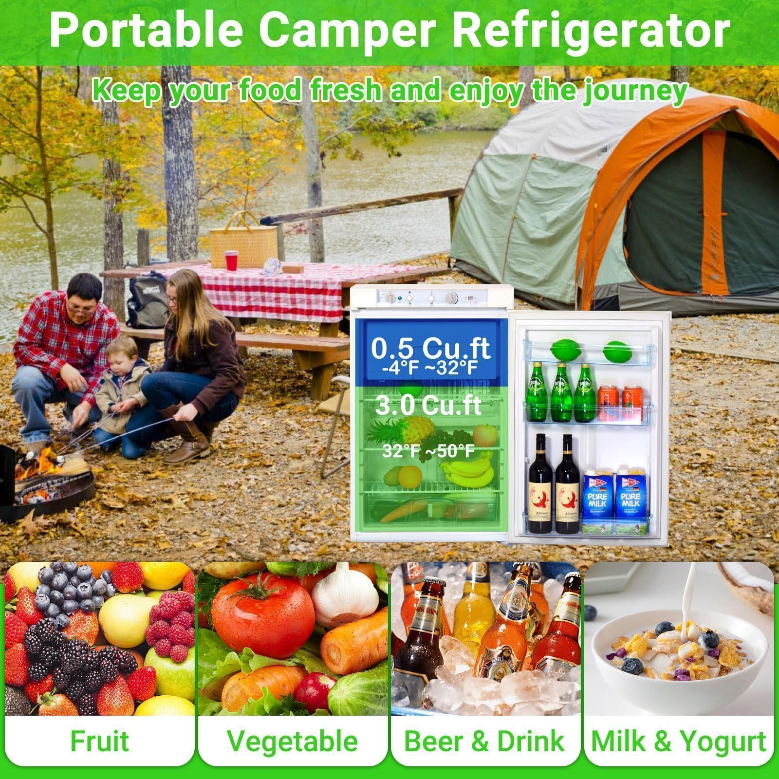 3.5 Cu.Ft RV Propane Refrigerator - 12V/110V/LPG 3-Way Power Gas Fridge for Off-Grid Living, Campers & Semi Trucks | Portable White Freezer for Travel, Van Life & Outdoor Adventures