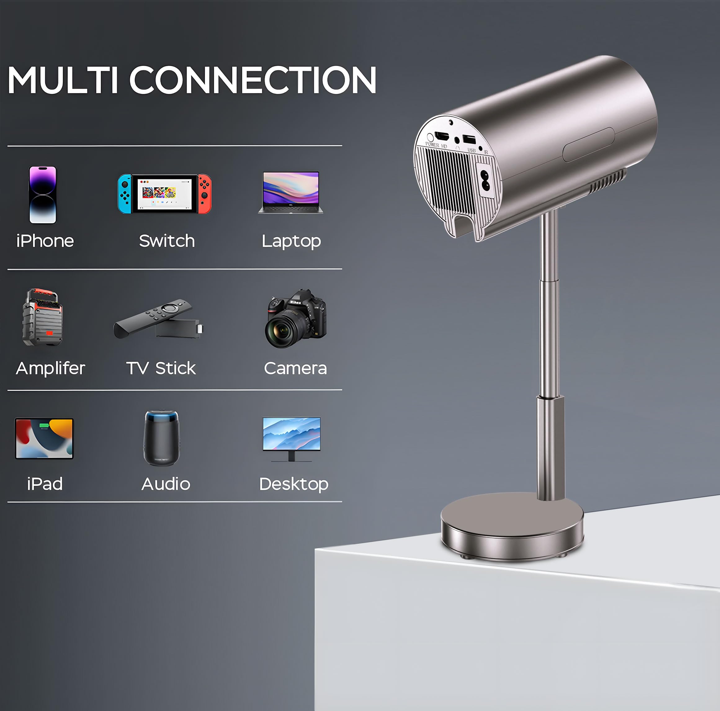 Unitedtime Mini Projector with WiFi & Bluetooth - 1080P 4K HD Portable Projector, 90° Adjustable Stand, HDMI/USB/PC/TV Box Compatibility (Rose Gold) - Perfect for Home Theater, Outdoor Movies & Office Presentations