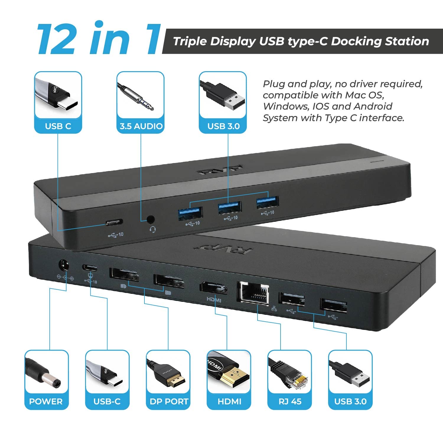 Dual Monitor USB C Hub with 4K DisplayPort, USB 2.0, Ethernet & 100W PD Charging - Thunderbolt 4/3 & USB4 Compatible - Ideal for MacBook Pro, Dell XPS & Home Office Setup (RVP-022818)