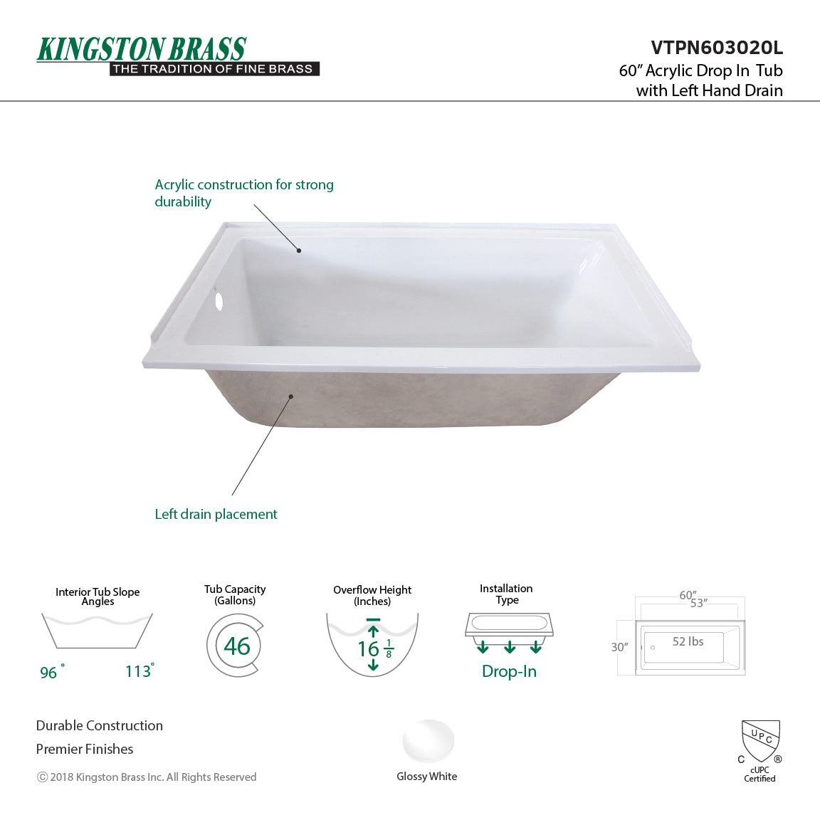 Aqua Eden VTPN603020L 60-Inch Acrylic Rectangular Drop-In Bathtub - Left Hand Drain, Glossy White Finish for Modern Bathroom Renovation & Spa-Like Relaxation