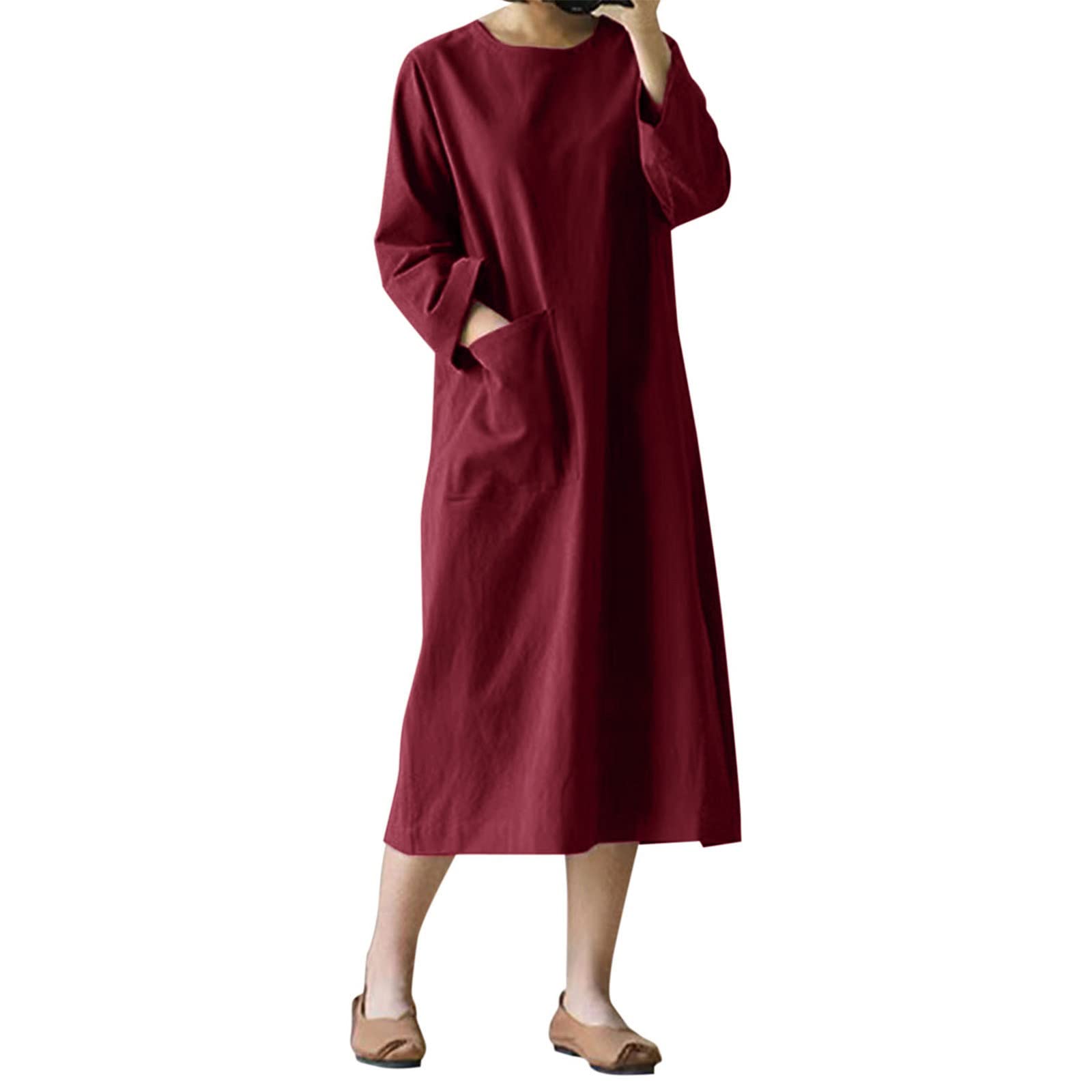 Usuming Women's Loose Fit Retro Dress - Long Sleeve Solid Color O-Neck Pocket Dress for Petite Women | Casual Everyday Wear for Work, Dating & Weekend Outings