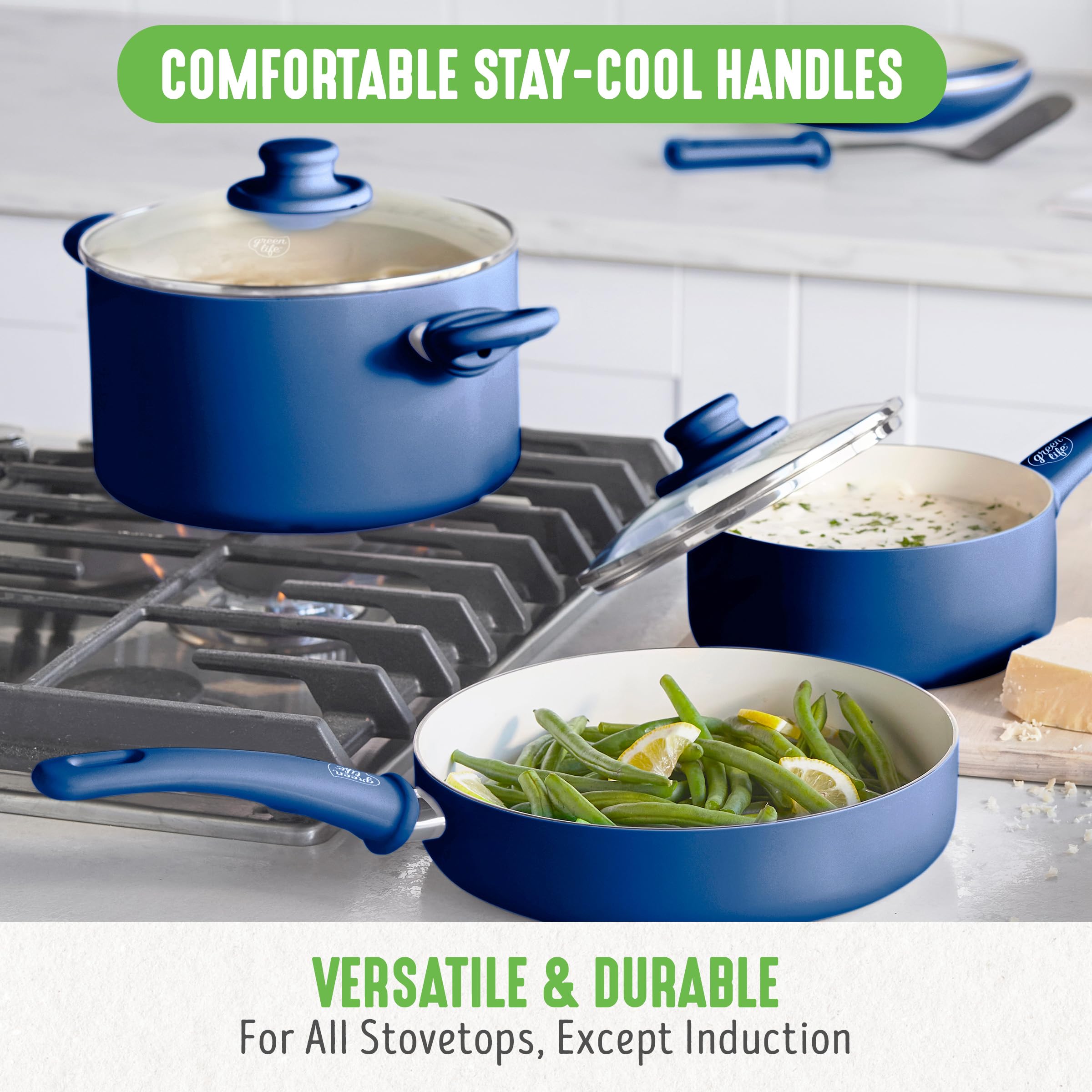 GreenLife Soft Grip 23-Piece Non-Toxic Ceramic Cookware Set - PFAS & PFOA Free Pots & Pans with Even Heat Distribution, Warp Control & Easy Cleaning - Oven & Dishwasher Safe Blue Kitchenware for Healthy Cooking, Baking & Frying