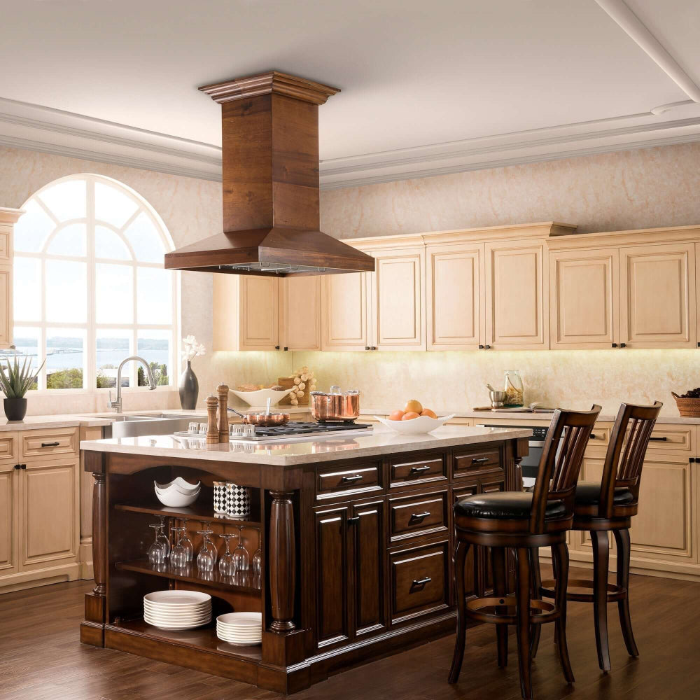 ZLINE Convertible Vent Walnut Wooden Island Mount Range Hood - Professional Kitchen Ventilation for Home Cooking, Baking & Grilling
