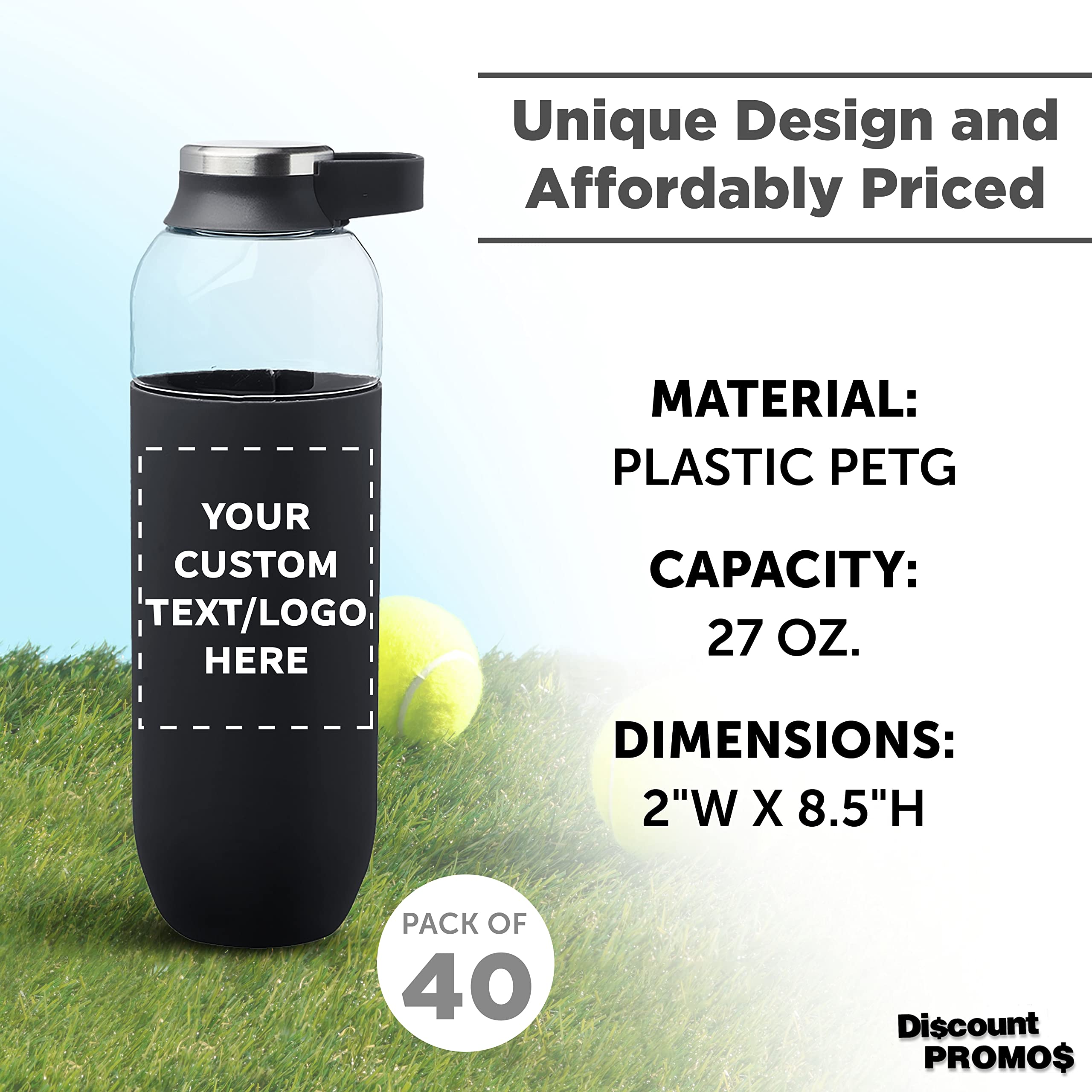 Custom 27oz Plastic Water Bottles with Handle - Bulk Pack of 40 Reusable Sports Bottles - Personalized Gym, Hiking & Cycling Water Bottles - Great for Schools, Events & Team Promotions - Black